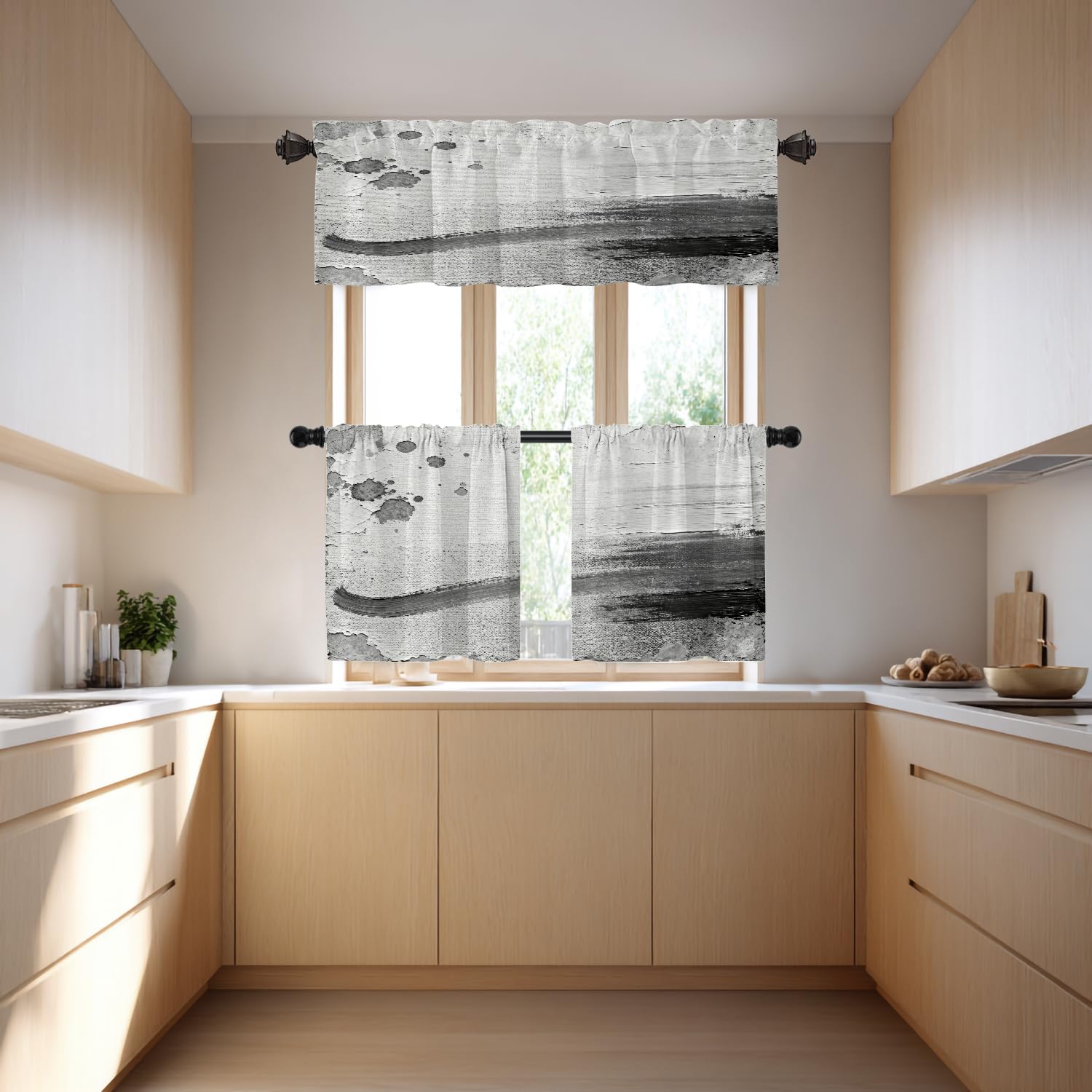 Rideau de cantonnière de Cuisine Gris Abstrait Noir - Style Rustique - Marron Froid et Gris Brique - Décoration Murale occultante - pour Cuisine, Chambre à Coucher