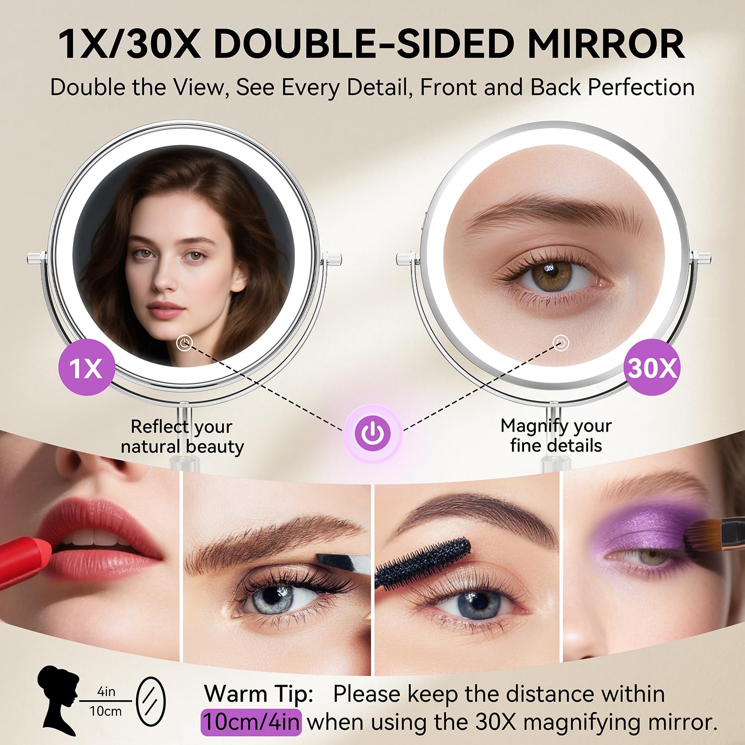 Auxmir 9" Miroir Grossissant Lumineux, 1X/30X Double Face, Miroir de Maquillage Réglable en Hauteur de 38 à 47 cm, 3000mAh Chargement USB, Miroir de Table 3 Couleurs Lumière Réglables, Rotation à 360°