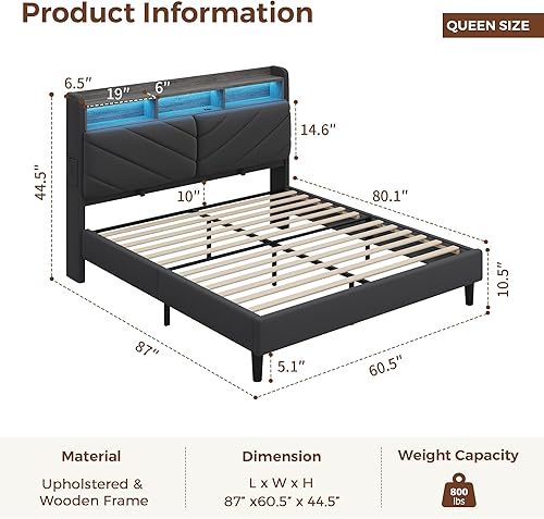 Miniatura 2 de Base de cama de terciopelo tamaño Queen con cabecera ergonómica, plataforma tapizada con luz LED y estación de carga, soporte de listones de madera,