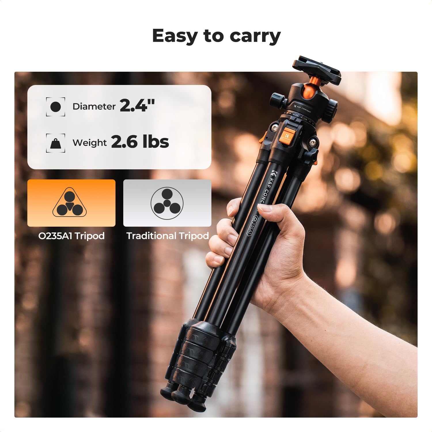 K&F CONCEPT 63" Aluminum Travel Tripod for Camera w Phone Holder, Non-Reversible Lightweight Compact Tripod Weighs 2.6lb, Max Load 22lb for Camera DSLR Mirrorless Spotting Scope Camcorders Phone