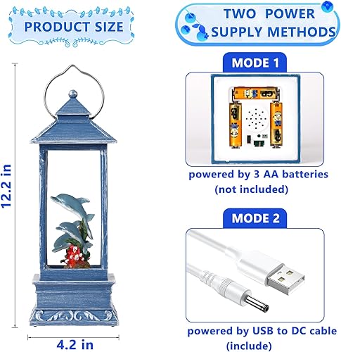 Miniatura 3 de Linterna de globo de nieve, globo de nieve con purpurina giratoria, USB y batería con purpurina de delfín con temporizador, perfecta para decoración