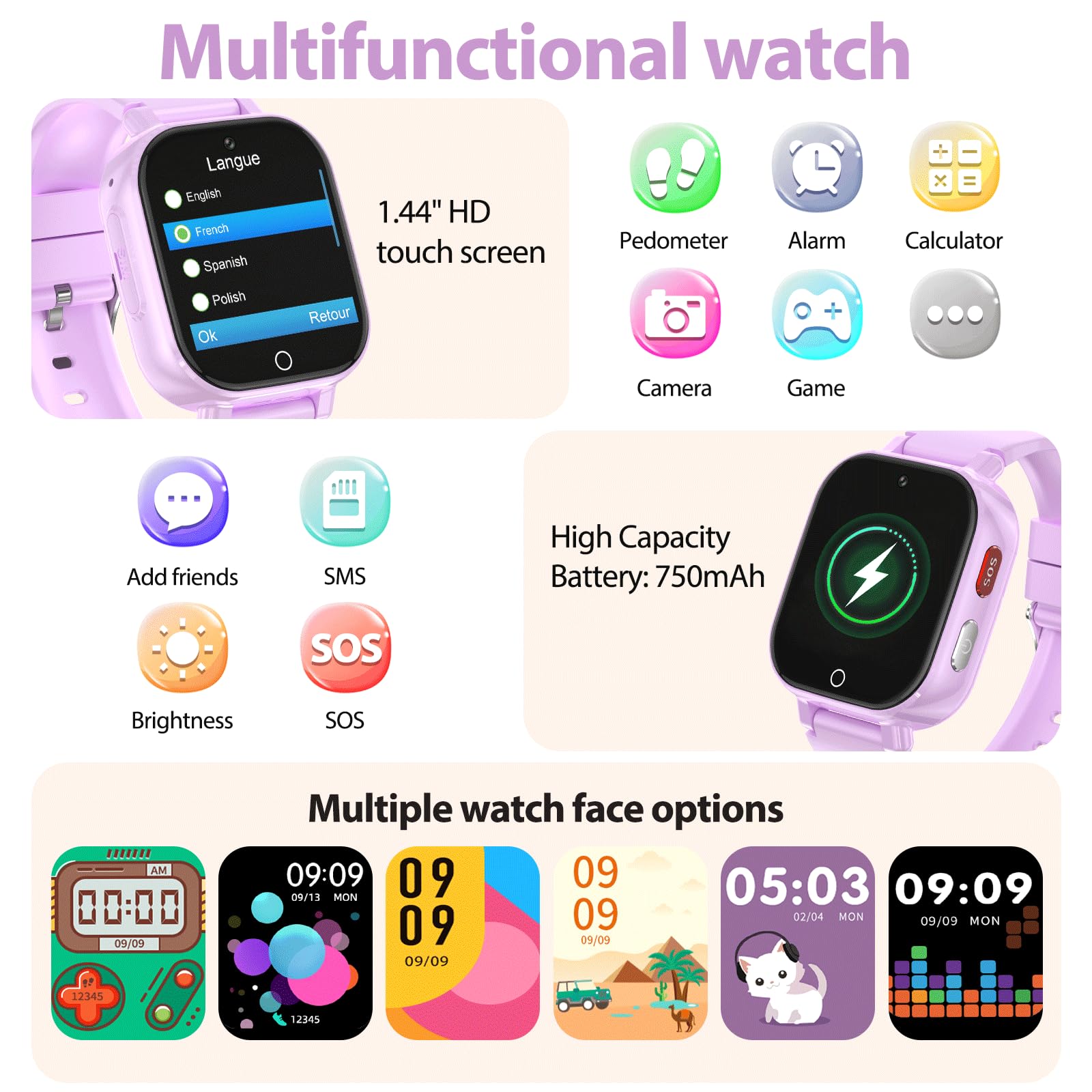 Alutoria Smartwatch Bambini-Orologio Bambina con 4G GPS | Videochiamate, chat vocale, messaggi SOS, WiFi, giochi, contapassi, orologio smart watch per bambini, regalo 4-13, viola