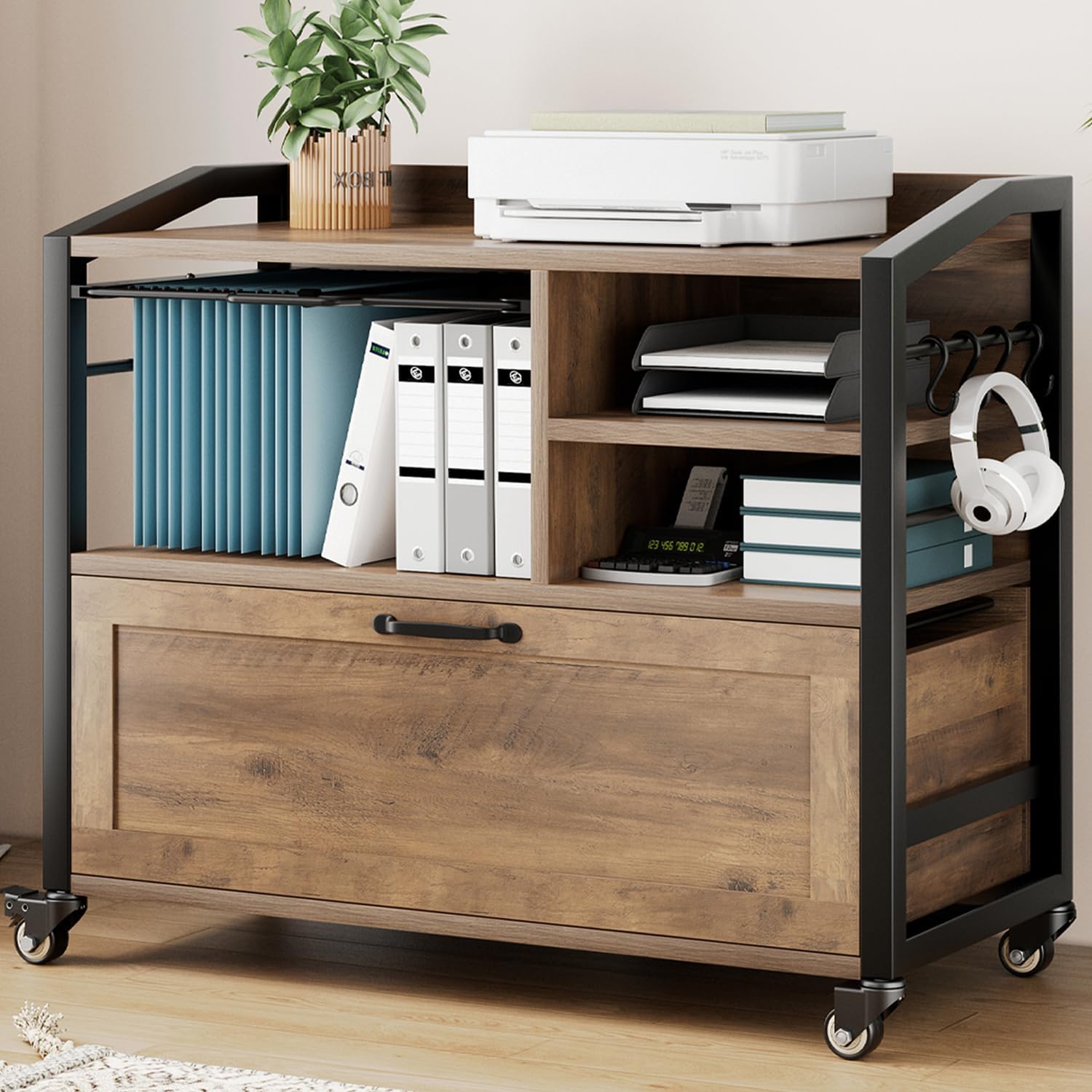 HSH Mobile Lateral File Cabinet with Drawer, Rolling Filing Cabinet for Legal Letter Size, Printer Stand with Storage Shelf, Lockable Wheels, Hanging File Organizer for Home Office, Rustic Oak, 33Inch