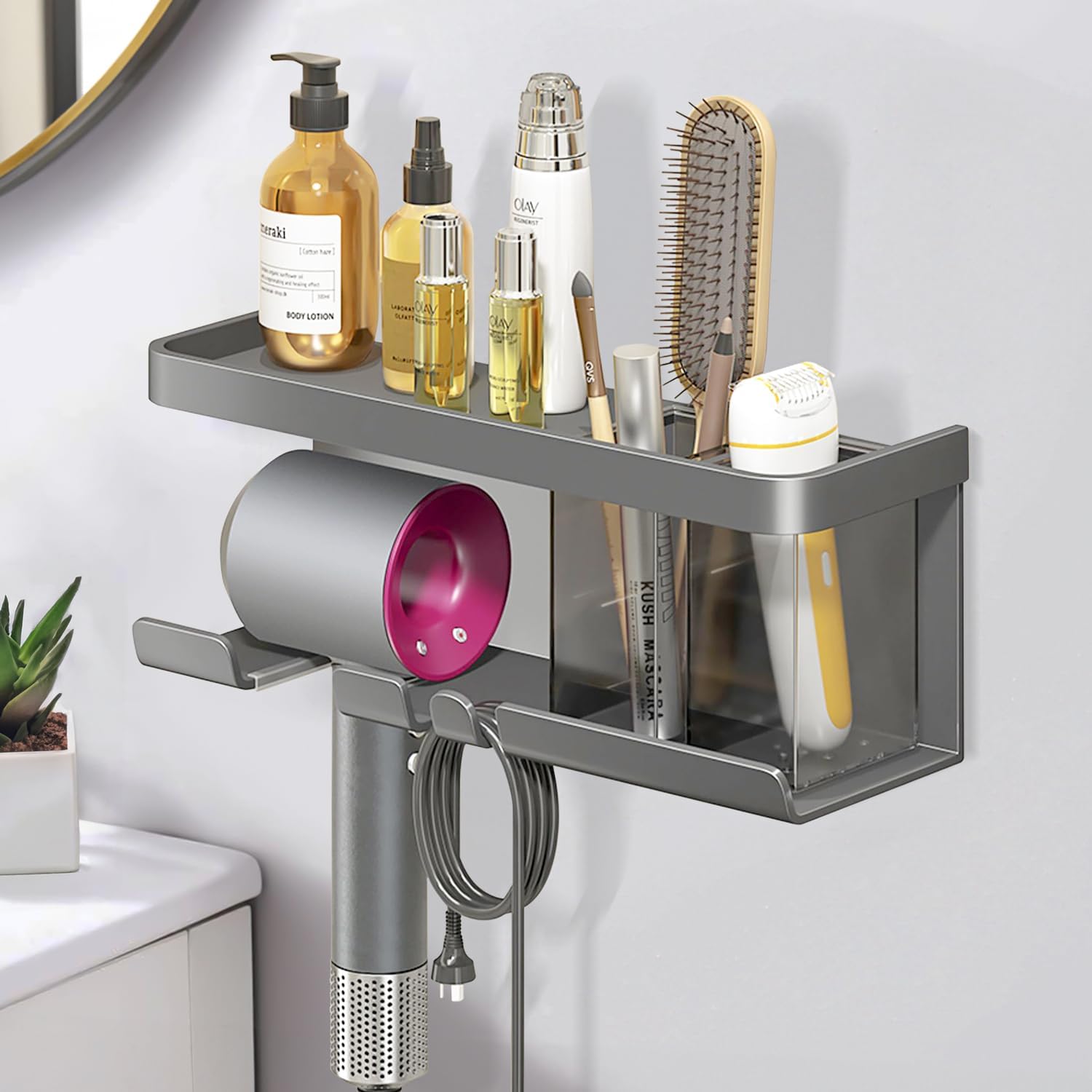 BoomersunHair Dryer Holder, Blow Dryer Organizer, Hair Dryer Holder Wall Mounted with Shelf for Bathroom, Salon, Bedroom Organizers & Storage(Matte Grey)