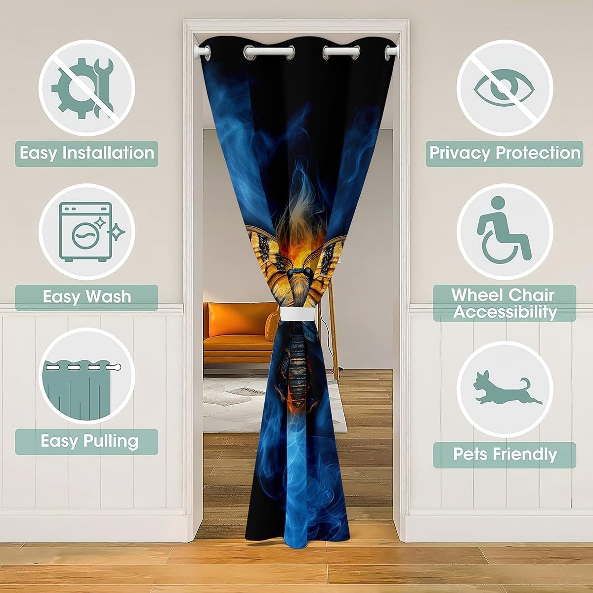 Erosebridal Butterfly Door Curtain For Doorway Privacy 59"W x 80"L, Halloween Insects Gothic Reversible Door Drape, Fire Smoky Printed Kids Blackout Curtain, Blue Orange Animals Room Divider Curtain