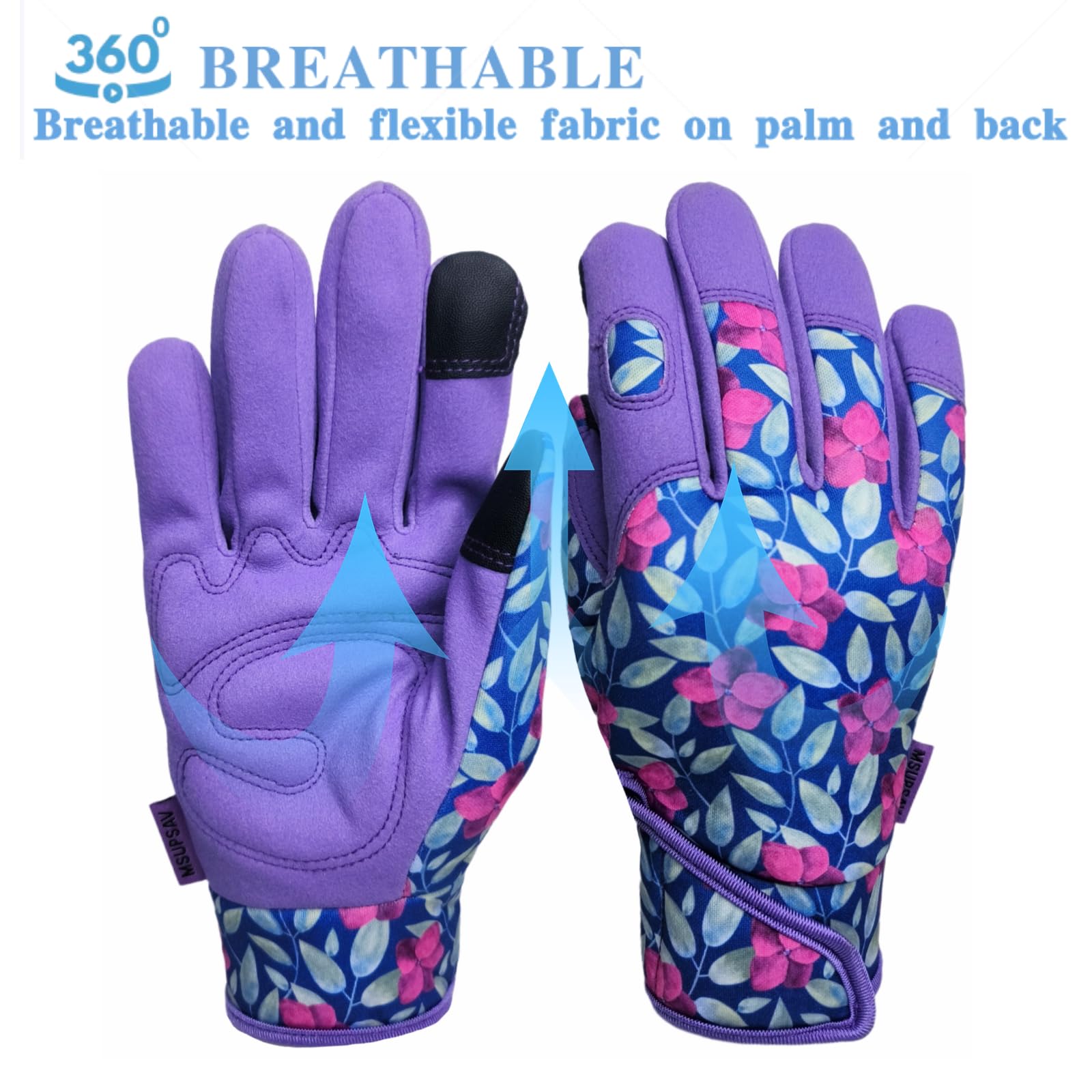 Guanti da giardino da donna, guanti da giardinaggio in spandex e pelle sintetica, guanti da lavoro per cortile, regali per giardinaggio e regali da giardino (palmo viola, M)
