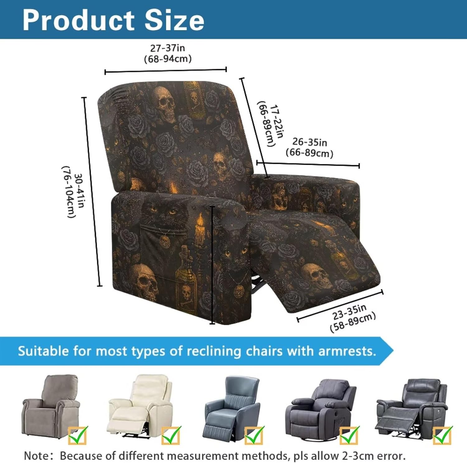 Halloween Skull Cat Black Rose Recliner Sofa Cover Furniture Protectors for Sofa Armchair Slipcovers Single Reclining Chair Lounger Seat Cushion Covers with Pocket 4 Pieces