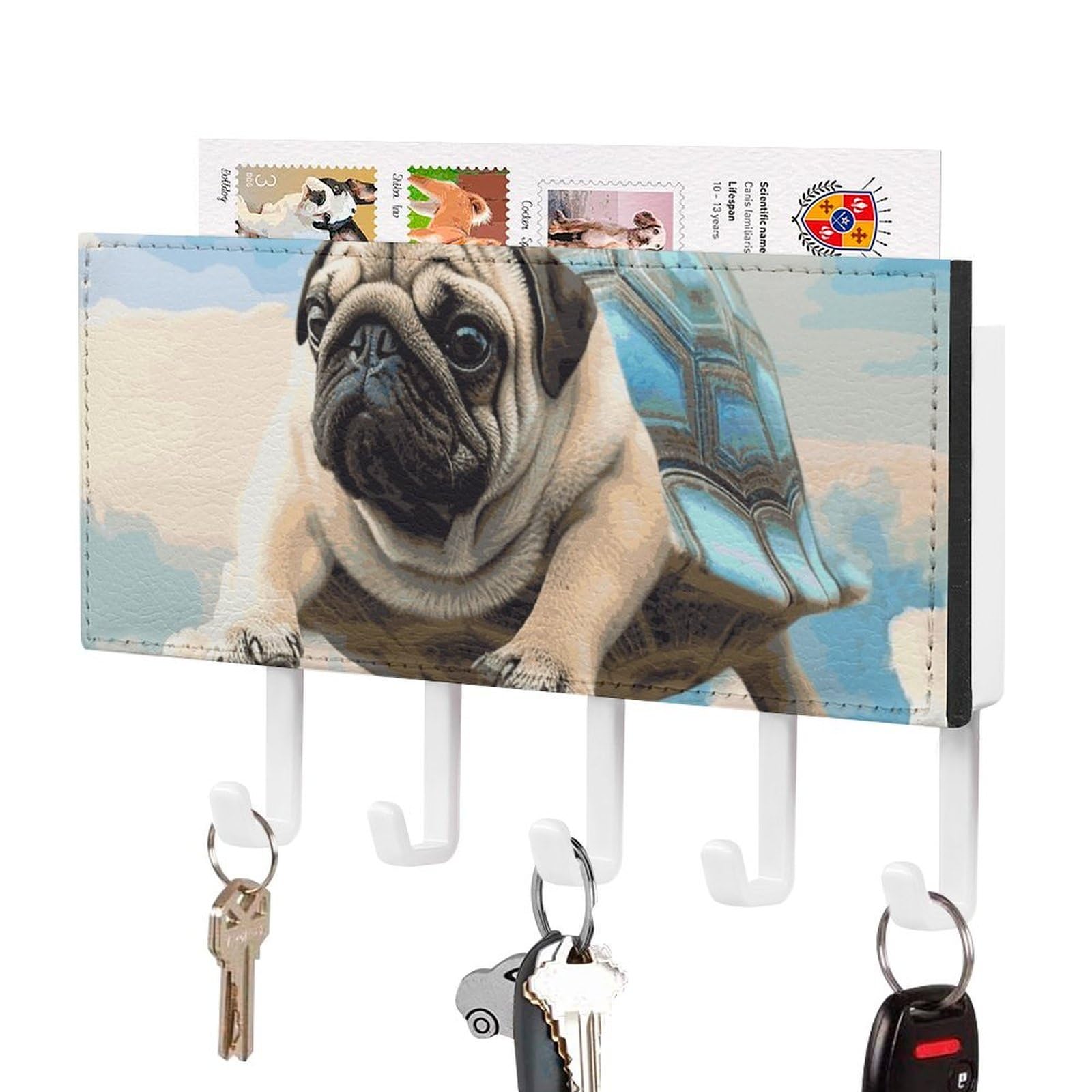 JTREHY Funny Turtle Pug Dog in The Sky Holder Wall-Mounted Key and Mail Holder,Key Rack with 5Keys Hooks, Easy to Install Mail Organizer for Entryway, Front Door, Hallway, Office