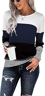 Sponsored Ad - KINGFEN Womens Casual Long Sleeve Color Block Striped Round Neck T Shirts Blouses Tops