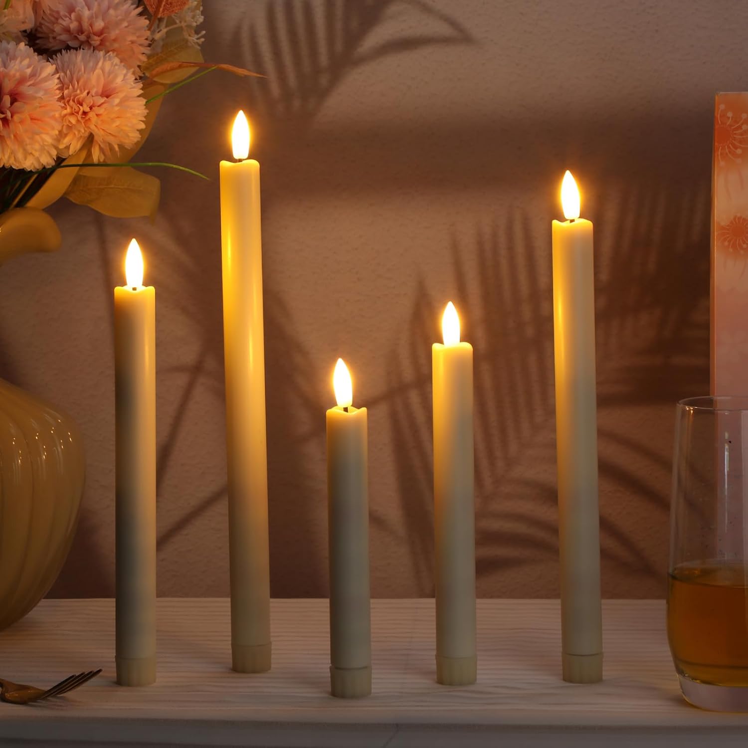 Rossesay 10 Pcs Flameless Taper Candles with Remote Battery Operated Taper Candles Include 6.5'' 7.7" 8.9" 10" 11.2" Fake LED Electric Candle Sticks for Valentine's Day Home Wedding Decor (Warm White)