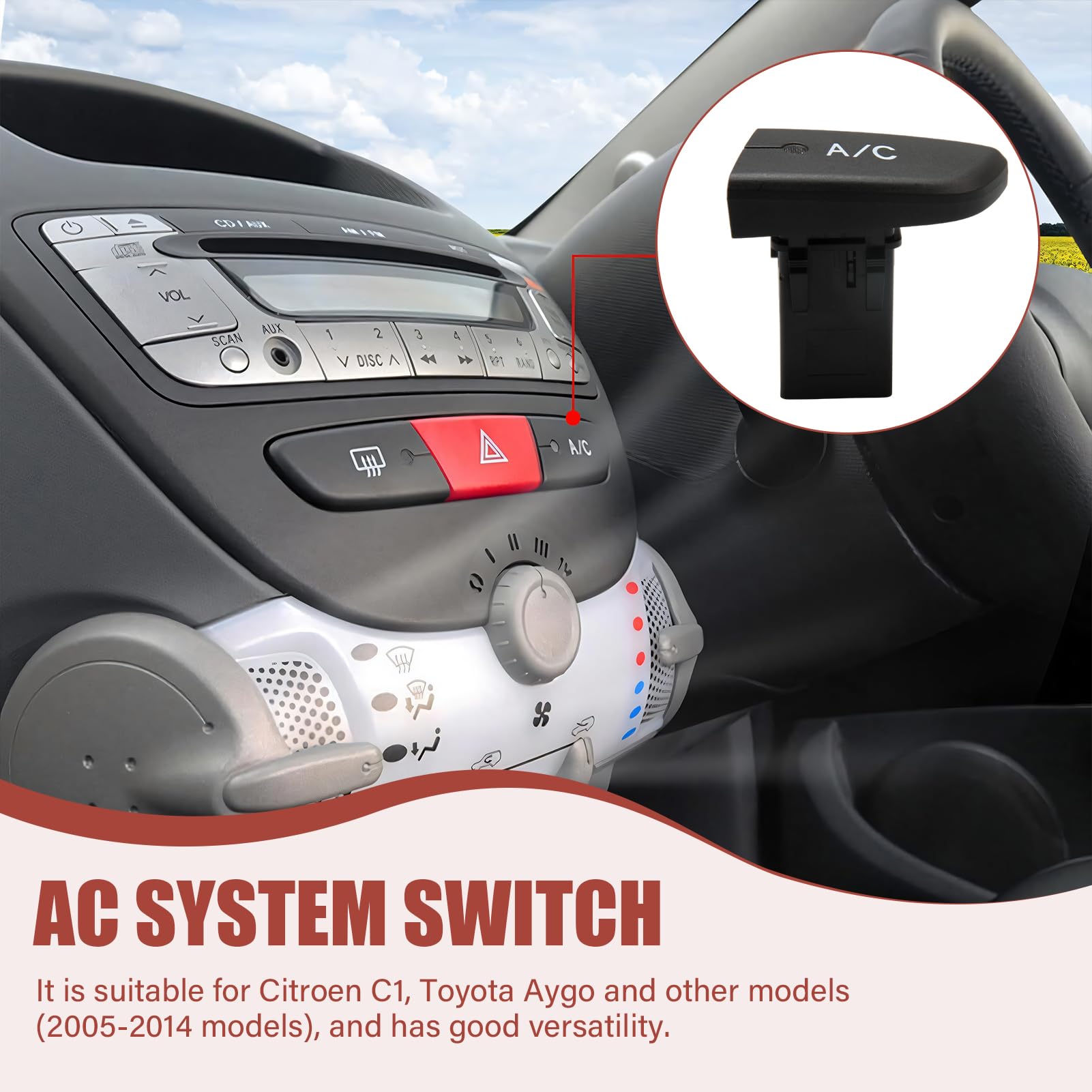 Interruttore di controllo del condizionatore d'aria compatibile con 107 C1 Aygo MK1 2005-2014 Interruttore a pulsante aria condizionata AC 6554KX