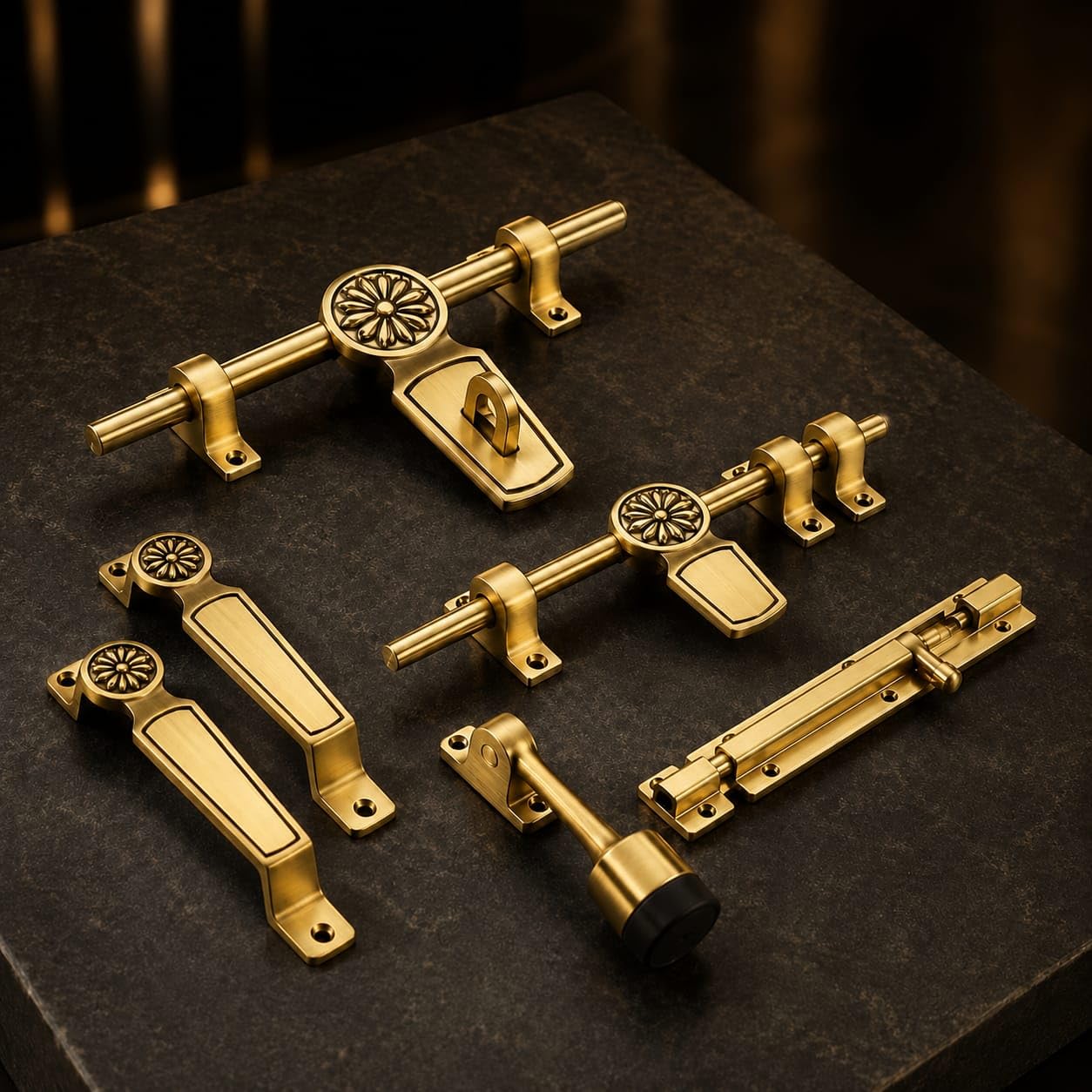 Kitchener Suraj Brass Door Hardware Kit | Premium Main Door Fittings Set with Aldrop, Pull Handles, Tower Bolt & Door Stopper | Heavy Duty Decorative Brass Door Accessories-image-26