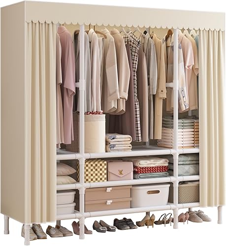 Miniatura 14 de Armario portátil, perchero resistente con cubierta, armario con 1 varillas para colgar, 2 estantes de almacenamiento y 2 cajones, 27.5 pulgadas de