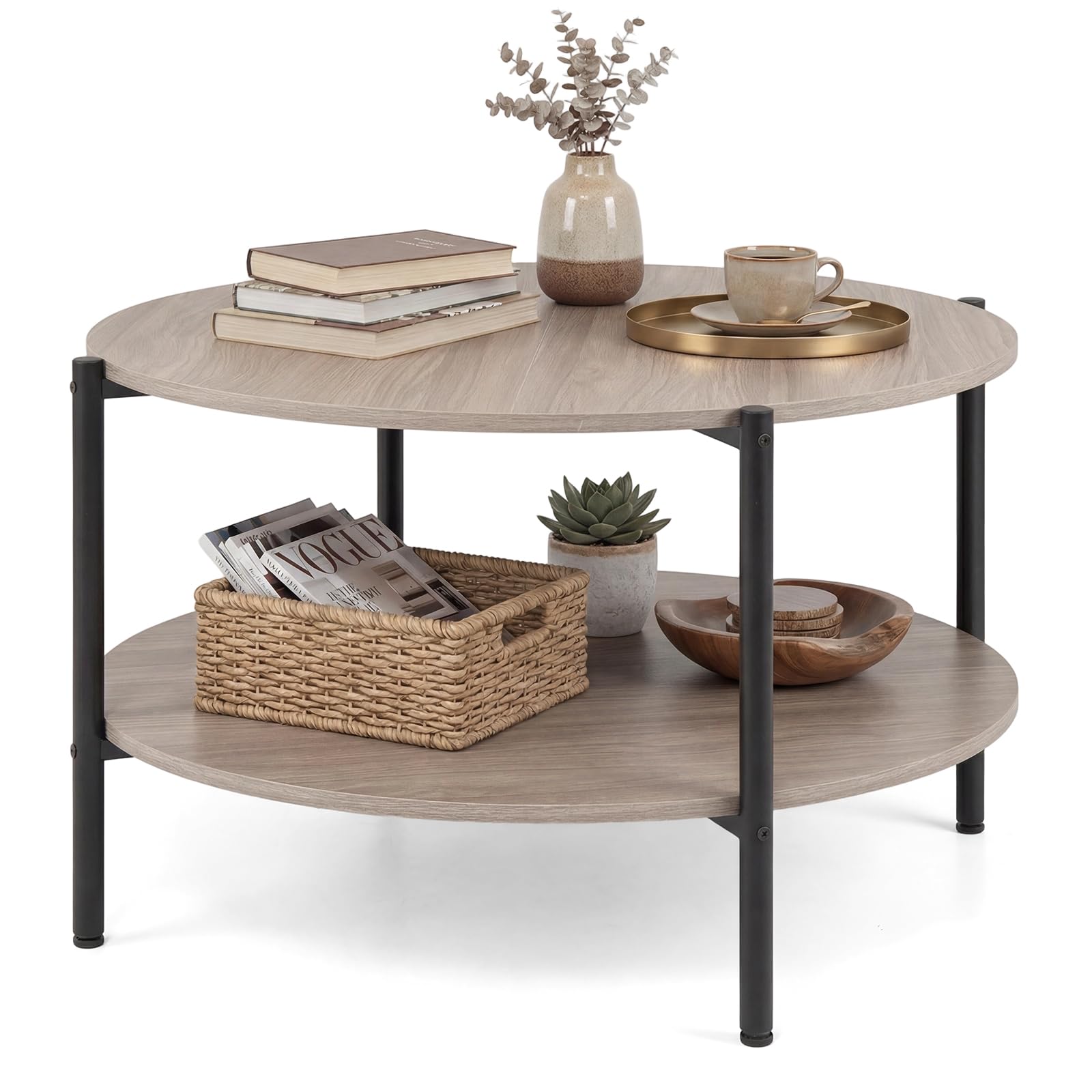 COSTWAY 85cm Round Coffee Table with Storage Shelf, 2-Tier Industrial Cocktail Center Table, Metal Frame Wooden Circle Accent Sofa Side Tea Tables for Living Room, Bedroom and Office (Grey Oak)