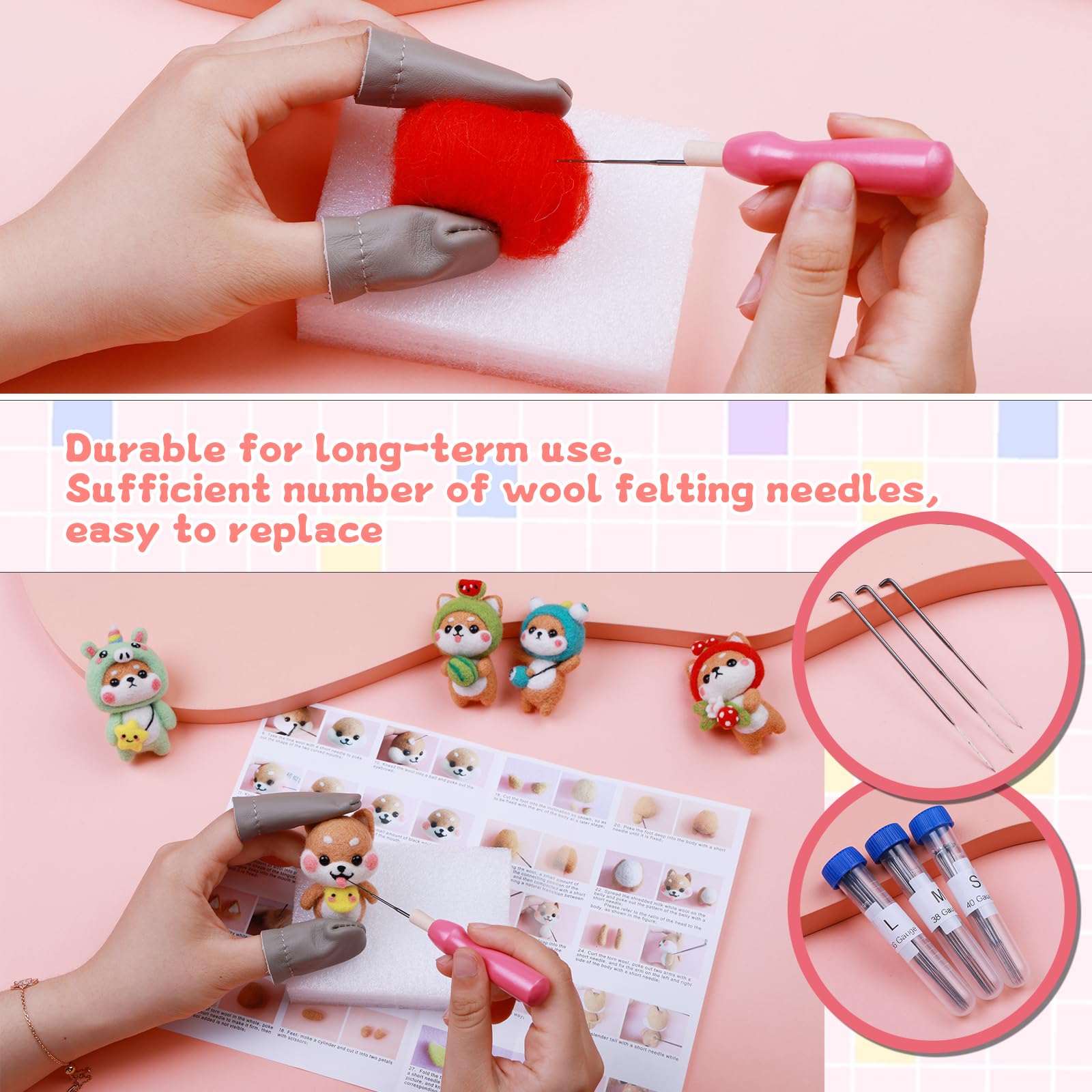 Kit Démarrage Kit Feutrage à L'Aiguille Garosa - Animaux Mignons DIY (Chat, Lapin, Cochon, Fraise) - Débutants Feutrage Laine Animaux Diy