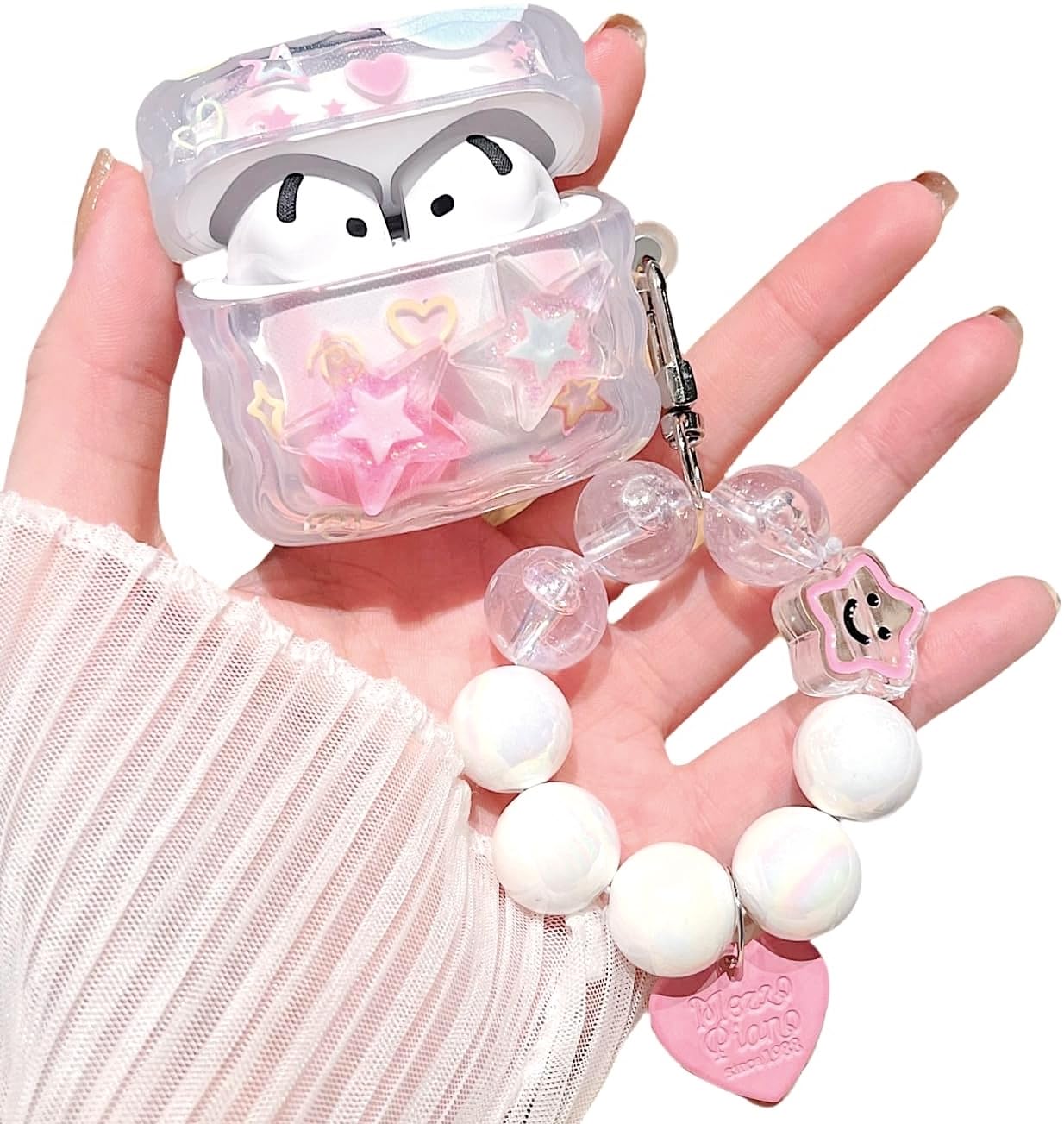 MINSCOSE Compatible with Airpods 4 Clear Case,Cute 3D Stars Pattern Design with Love Heart Keychain, Soft TPU Protective Shockproof Case for Airpods 4