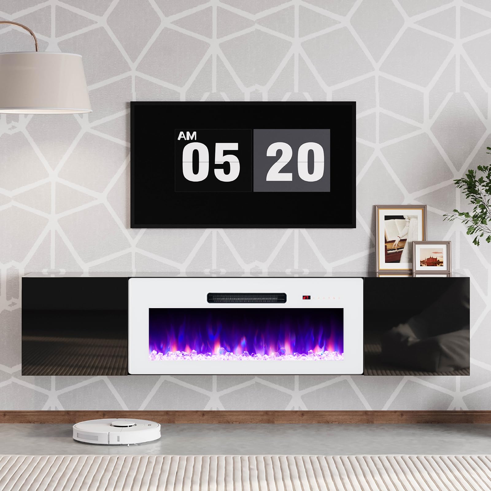 AMERLIFE Floating TV Stand with 36" Electric Fireplace, High Gloss Finish Wall Mounted Fireplace Entertainment Center with Storage for TVs Up to 78",