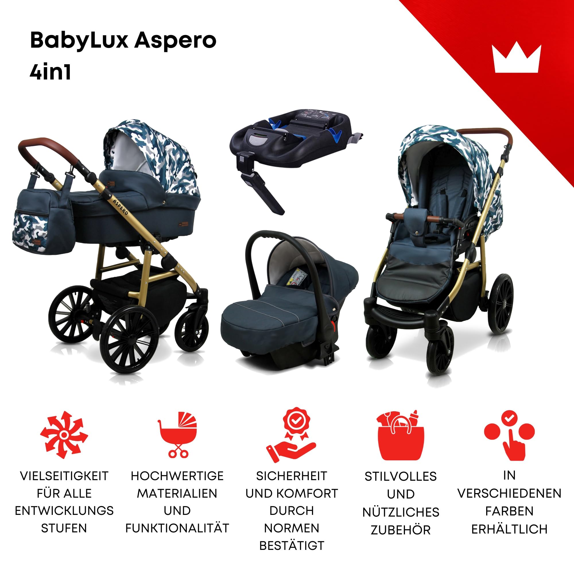 BabyLux® Wózek dziecięcy kompletny zestaw 4 w 1 - Aspero - w tym gondola dla niemowląt, wędka, fotelik samochodowy, podstawa ISOFIX - system kombinowany dla niemowląt, z torbą do przewijania itp.