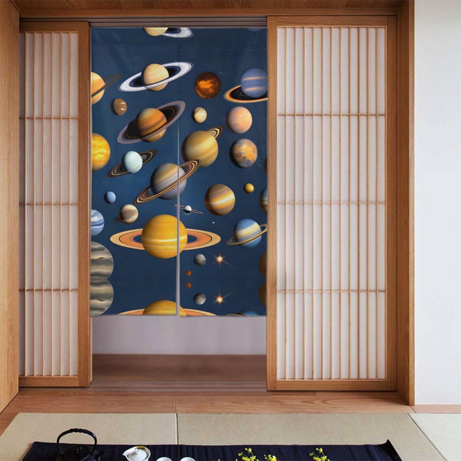 Rideaux occultants système solaire pour porte chambre d'enfant BROLEO motif espace ludique