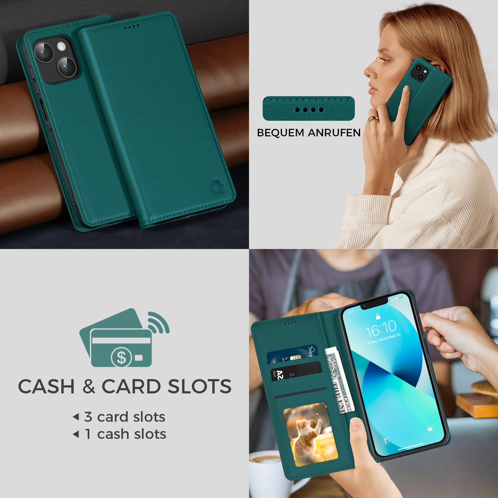 Etui na telefon komórkowy iPhone 13, przegródka na karty premium, skóra PU, etui z klapką, funkcja stojaka, etui z klapką do iPhone 13 - zielone