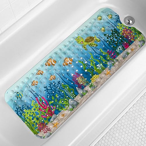 Miniatura 1 de LNOND Alfombra de baño de tortuga marina para niños, tapete de baño para niños, tapete de baño antideslizante con agujeros de drenaje y ventosas,