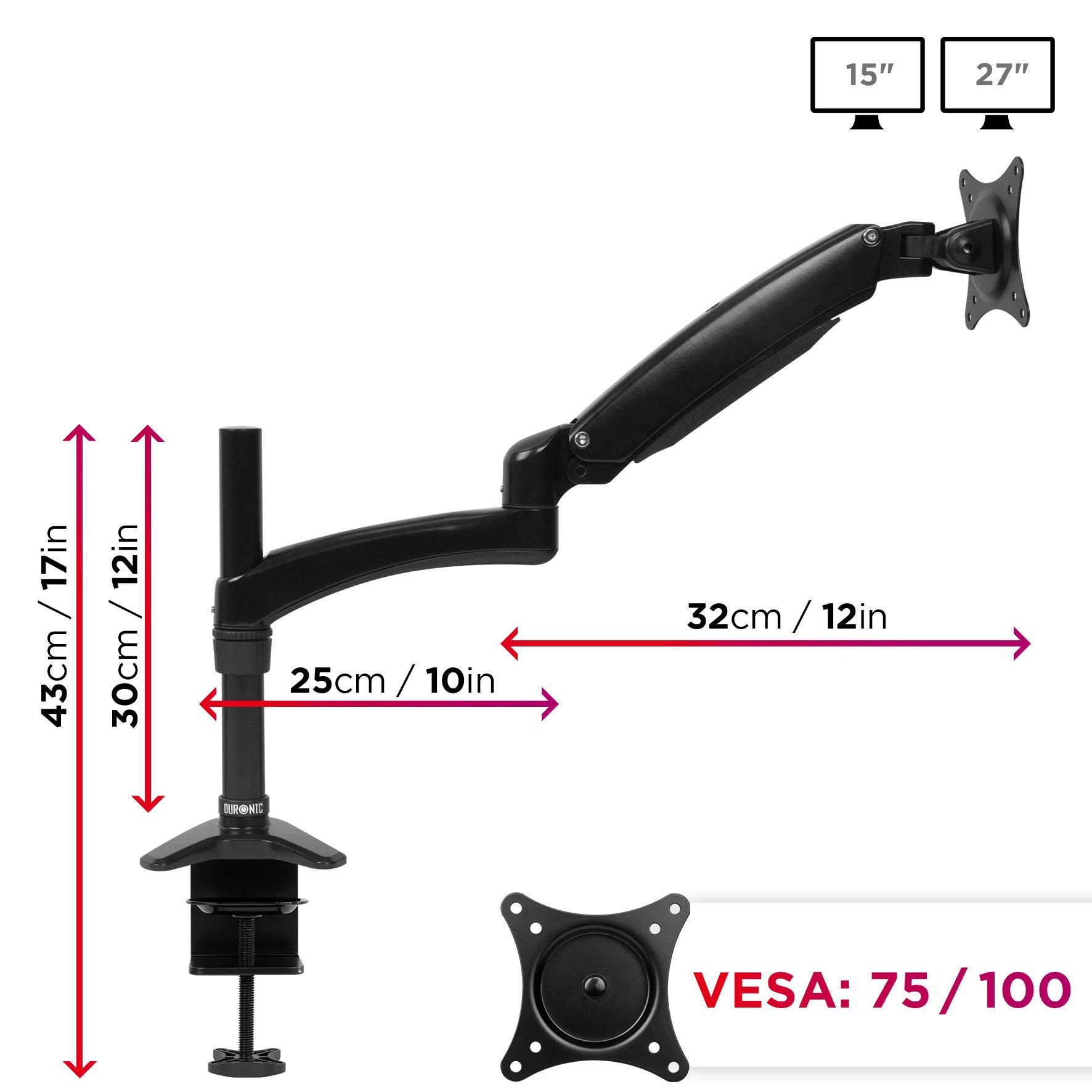 Duronic DM551X2 BK Braccio per un monitor da 15 a 27 pollici | Supporto per schermo singolo | Inclinabile e altezza facilmente regolabile | VESA 75 100 | Supporto monitor PC ergonomico con morsetto