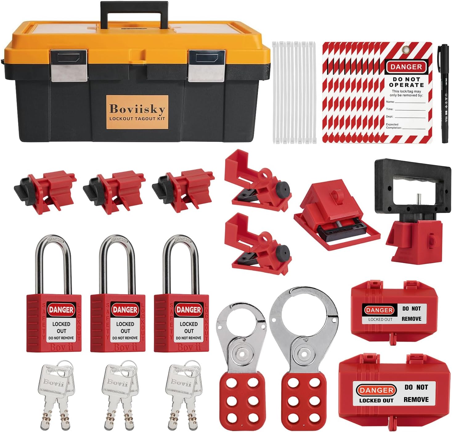 Lockout Tagout Kit, 36 PCS, 3 Red Keyed Different Safety Padlocks, Clamp-on Circuit Breaker Lockout, Hasps, Loto Tags&Ties, 7175, (Yellow Kit)
