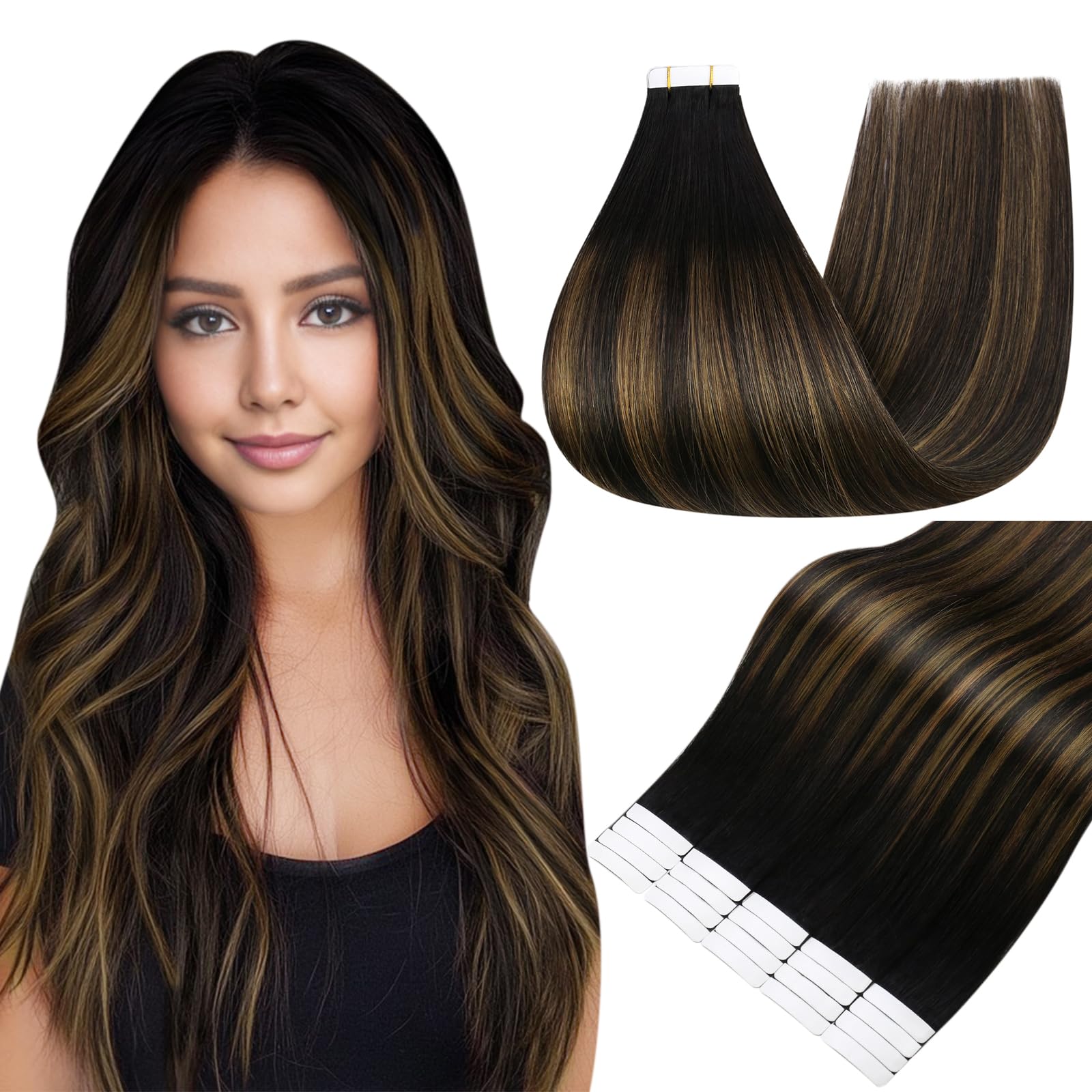 Full Shine Tape in Hair Extensions 18 Inch Color 1B Off Black to 6 Medium Brown and 1B Off Black Natural Seamless Tape Ins Human Hair Extensions 20