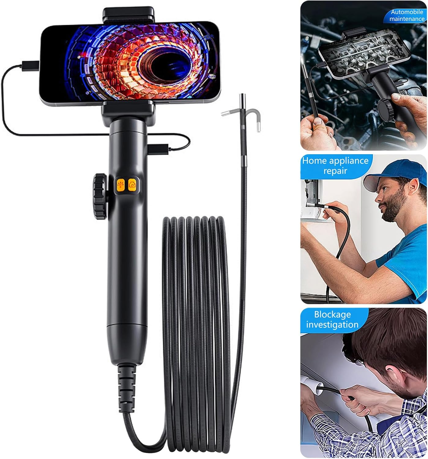 Articulating Borescope Camera with Adjustable Light Industrial Endoscope Inspection Camera 6mm Lens 1080P 6 LEDs Camera