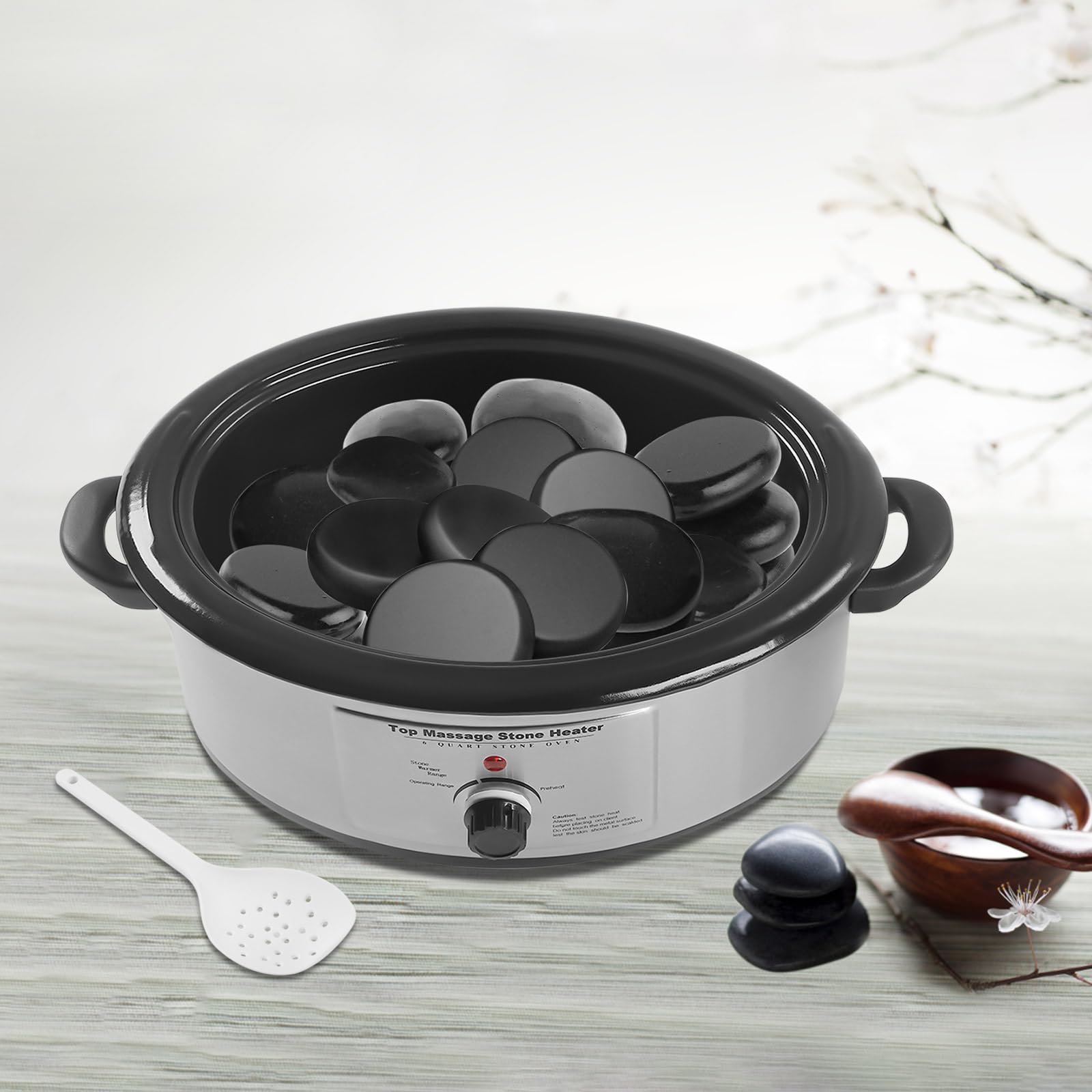 Calentador de piedras de masaje, 6 L, color negro, esmalte de aluminio, acero inoxidable, moderno, duradero, 750 W, estándar de la UE 220 V, 50 Hz, 212 ℉, 6,34 cuartos de cuarto, 18 x 12 x 9,8