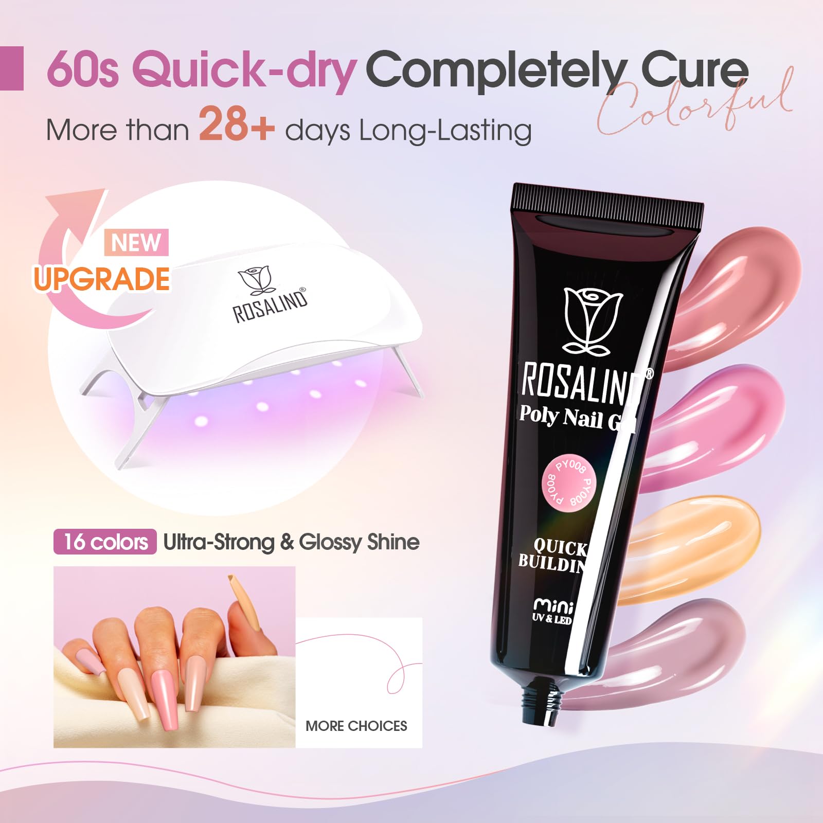 ROSALIND Acrygel Kit Complet, 16 Couleurs 10 ml Gel pour Extension d’Ongle Avec Lampe UV, Base & Top Coat et Outils de Manucure, Gel Construction Ongle UV Set de démarrage pour DIY Nail Art