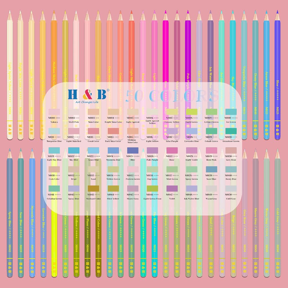 H&B 50 matite colorate Macaron per artisti e studenti - Set da disegno preaffilato con anima da 3,3 mm e corpo in tiglio - Include custodia in ferro con vassoio integrato