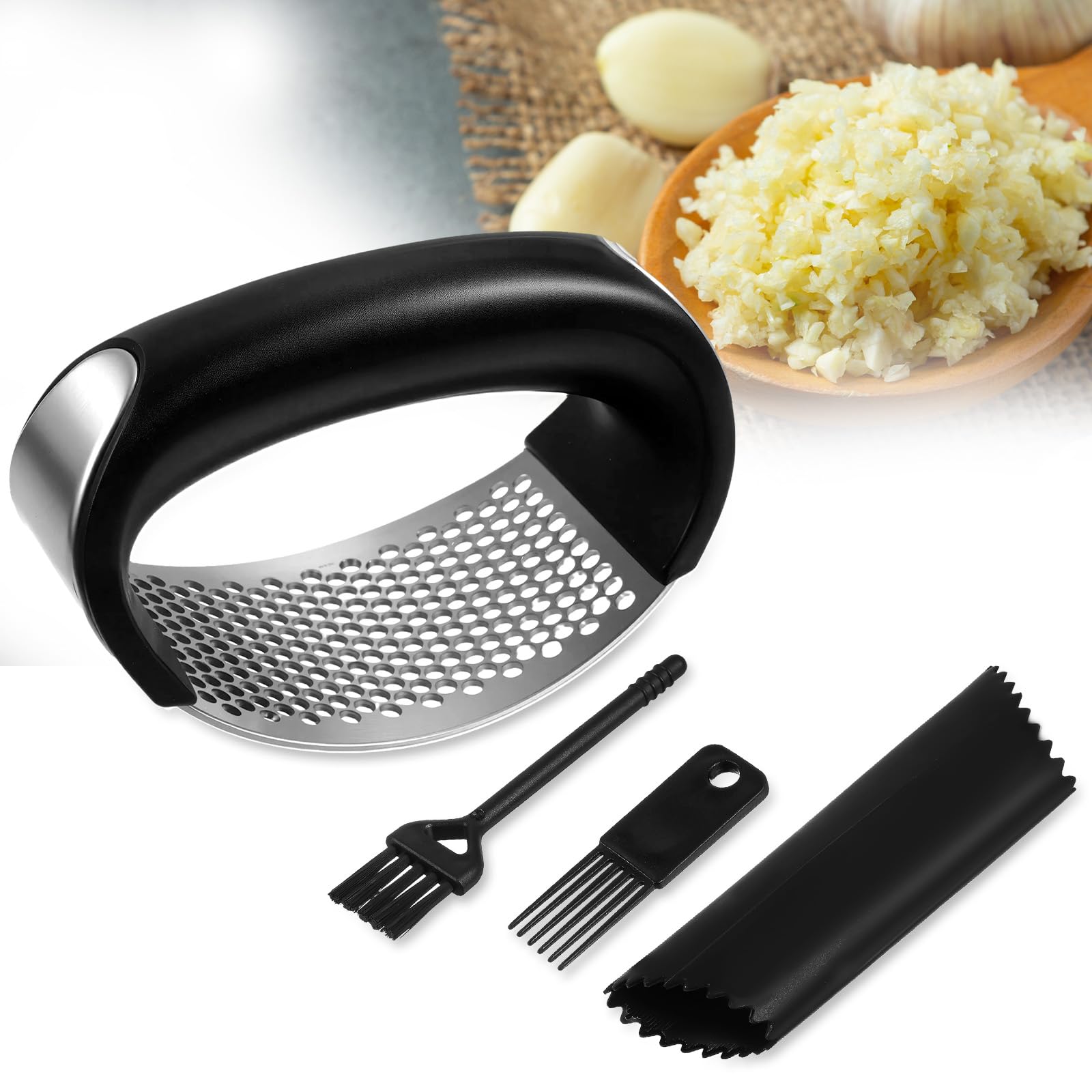 4 Pcs Garlic press rocker Stainless Steel Garlic Mincer Portable Garlics Mincer With Peeler and Brush for Smash Garlic
