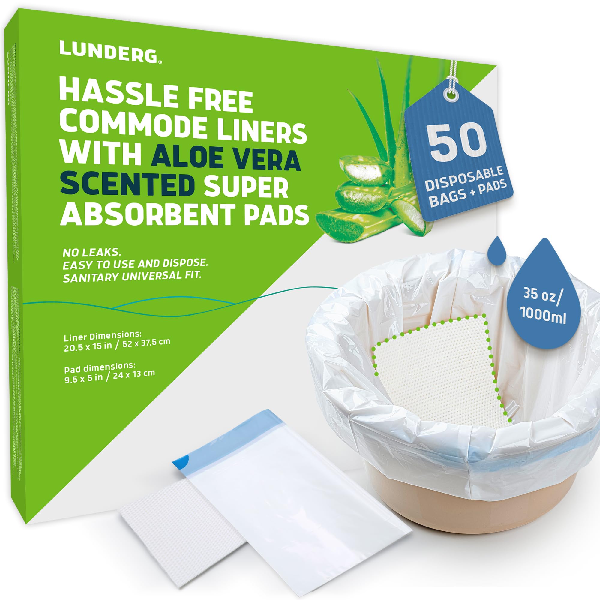 Lunderg Commode Liners &amp; Absorbent Pads - Aloe Scent 50 Bags