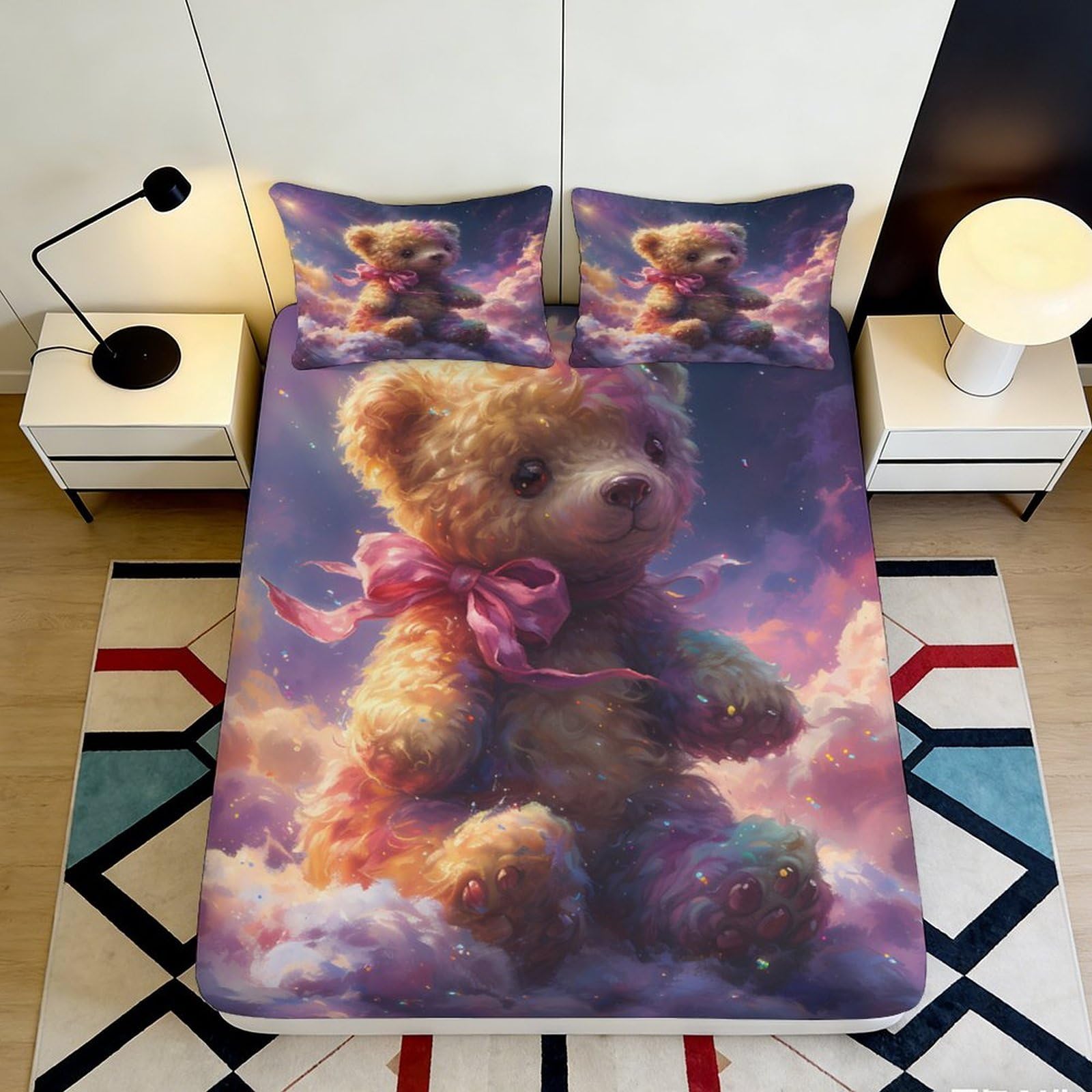 3D Printed Teddy Bear Fitted Sheet Microfiber Soft Decorative Cloud Scene Mattress Cover for Bedroom Dorm Guest Room 90x200x25cm