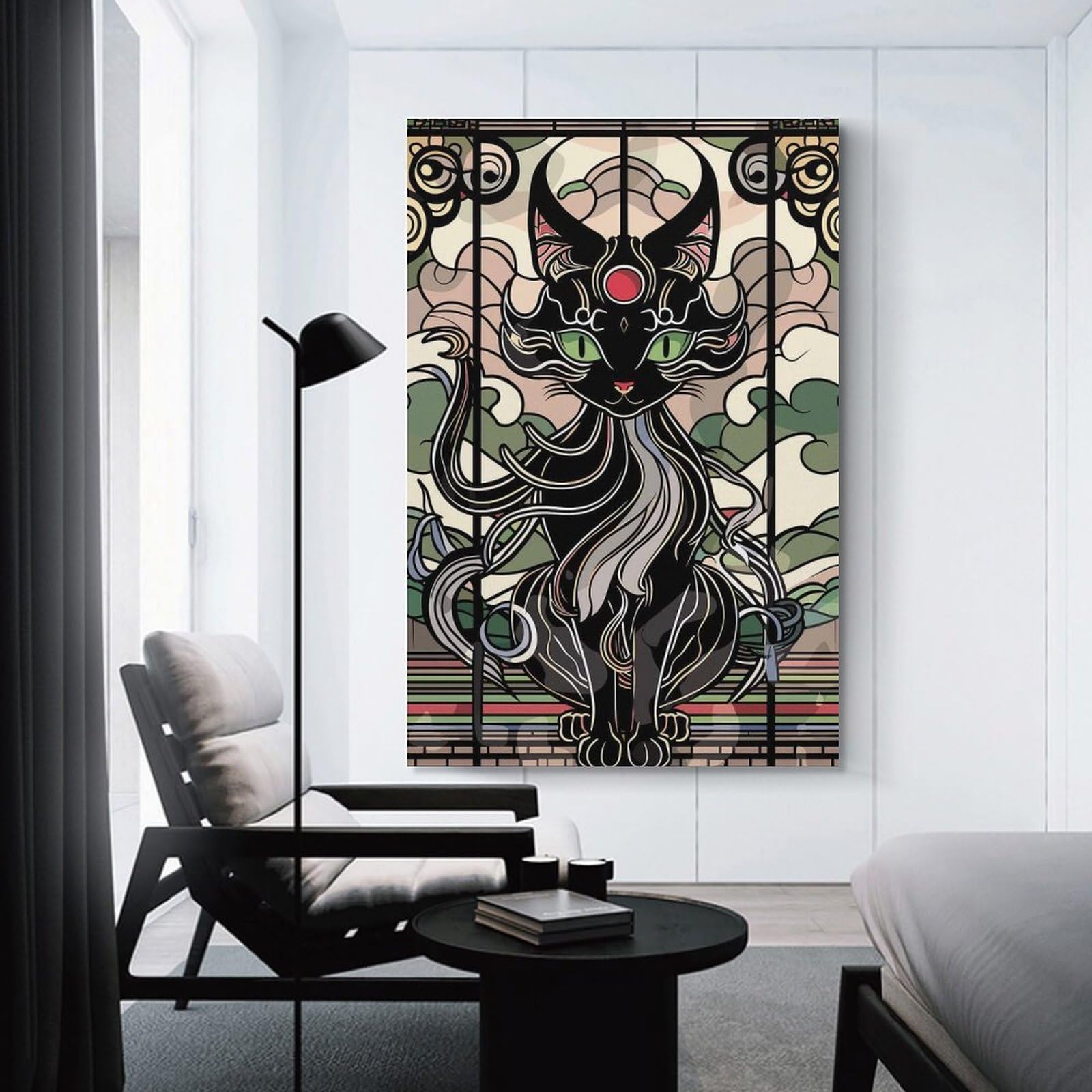 Junmoney Art Nouveau Black Cat Stained Glass Canvas Art Print, 12x18inch(30x45cm), for Wall Displays, Bedrooms Or Room Updates, Home Wall Art for Statement Displays