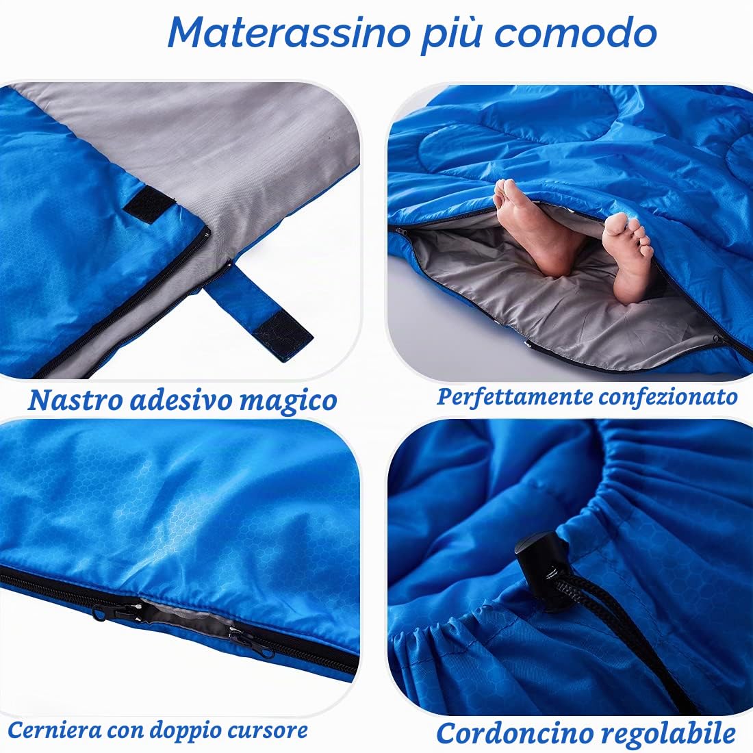 Sacco a pelo, 3-4 stagioni, sacco a pelo da campeggio, per adulti, bambini, ragazze e ragazzi, per escursioni, tempo freddo, attrezzatura da viaggio leggera e calda (blu grigio, matrimoniale, 220 x