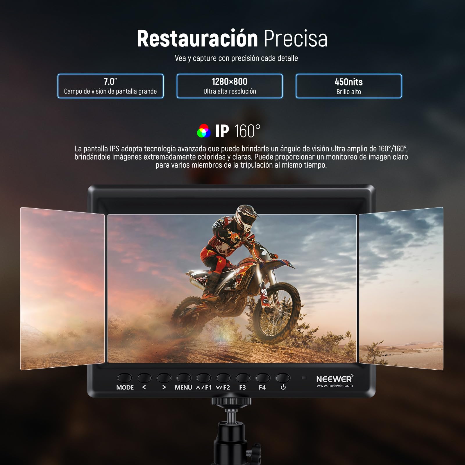 NEEWER Monitor de Campo de cámara F100 de 7 Pulgadas, Asistencia de Video HD de 450 nits, IPS 1280 x 800 HDMI 1080p con Enfoque máximo/histograma/batería F750, Cabezal de Bola de 360° para cámaras