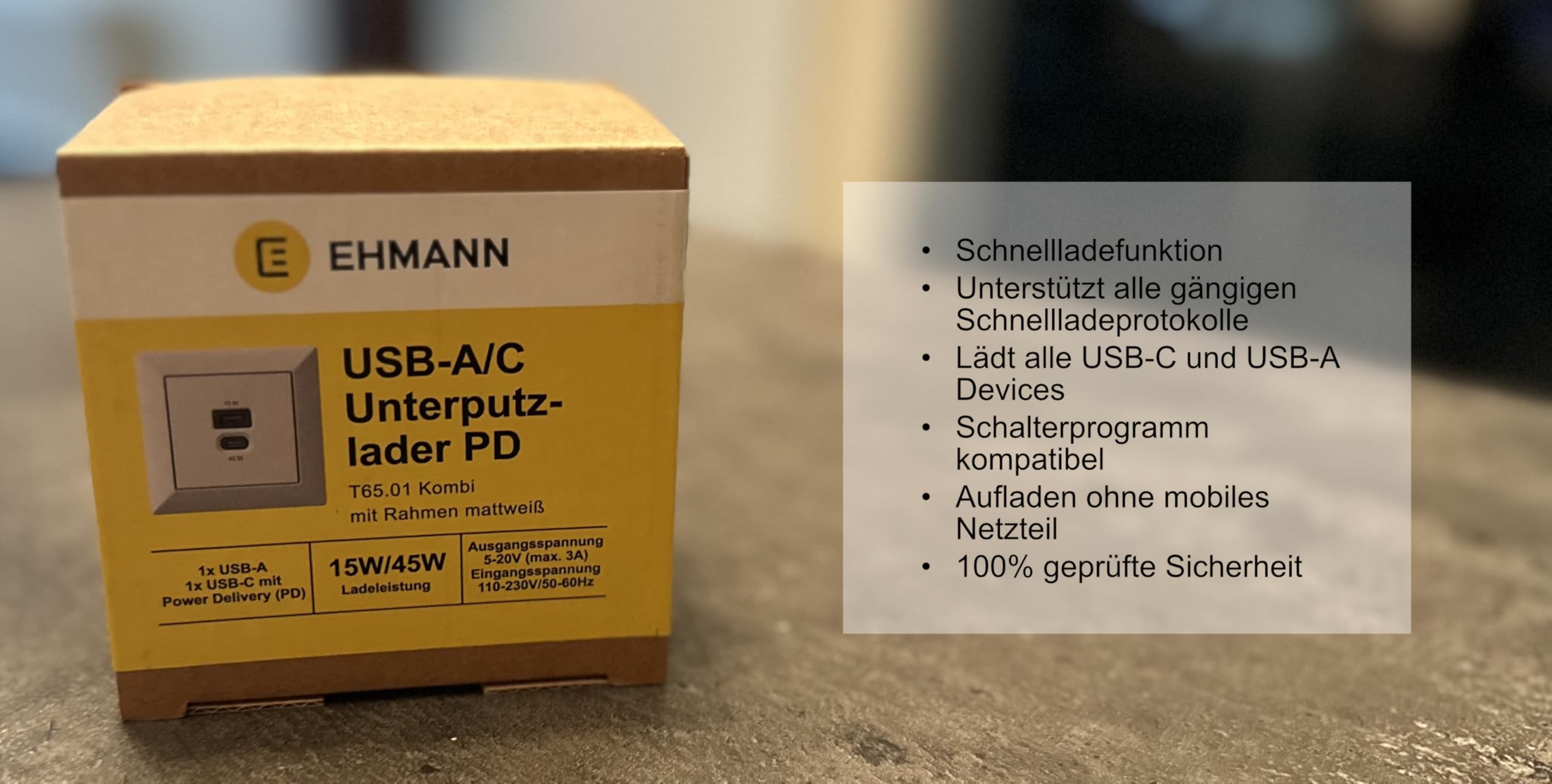 Podtynkowa stacja ładująca USB, USB-C 45 W + ładowarka USB-A 15 W, biała matowa