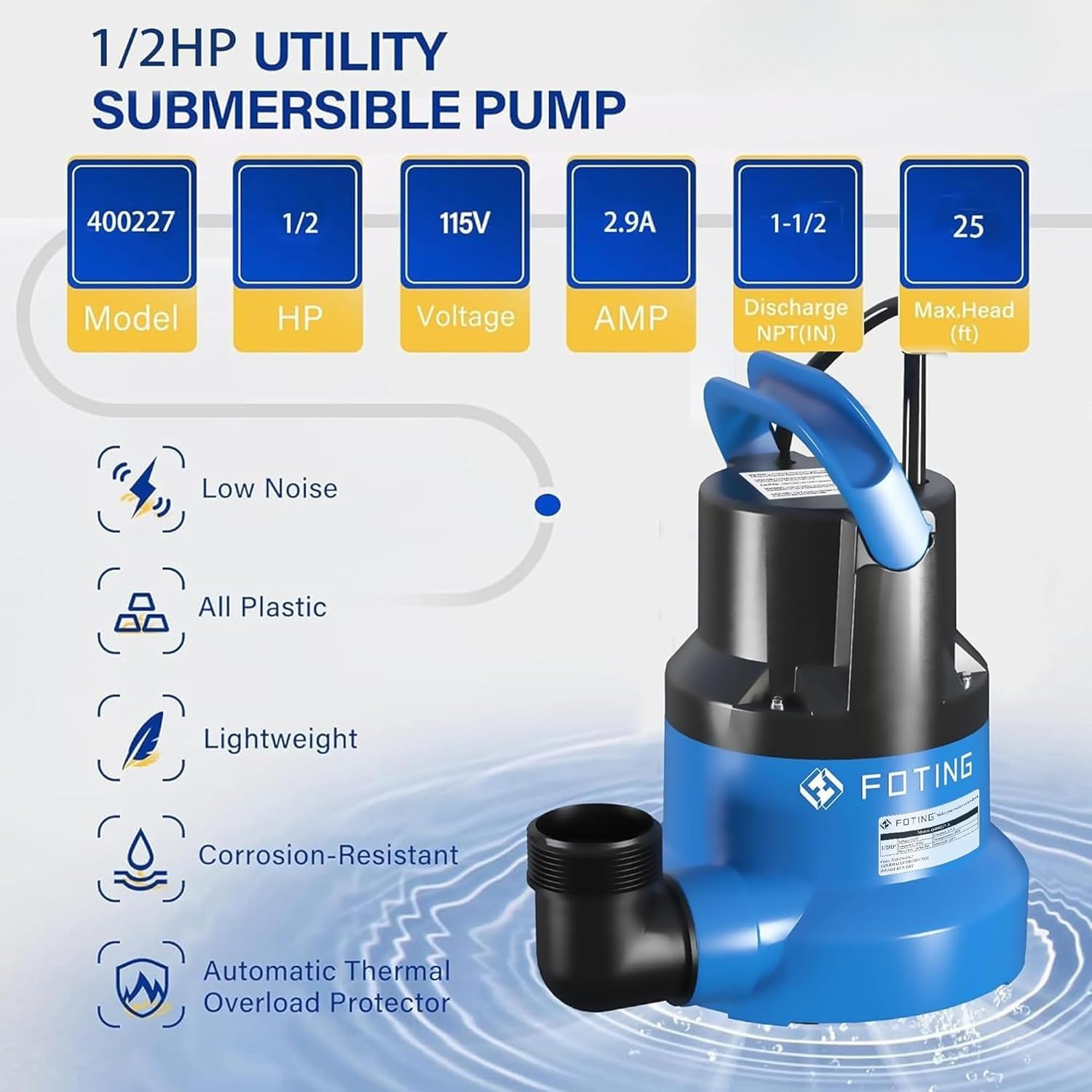 FOTING Kleine Tauchpumpe 1/2 HP 1937 GPH Tauchpumpe für Poolentwässerung, Wasser bis zu 25 Fuß, 25 Fuß Netzkabel und 3 Adapter, Nutzpumpe