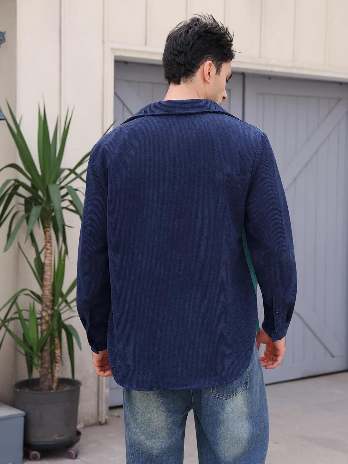 WDIRARA Men's Corduroy Button Down Long Sleeve Colorblock Shirt Collar Tops - Image 4