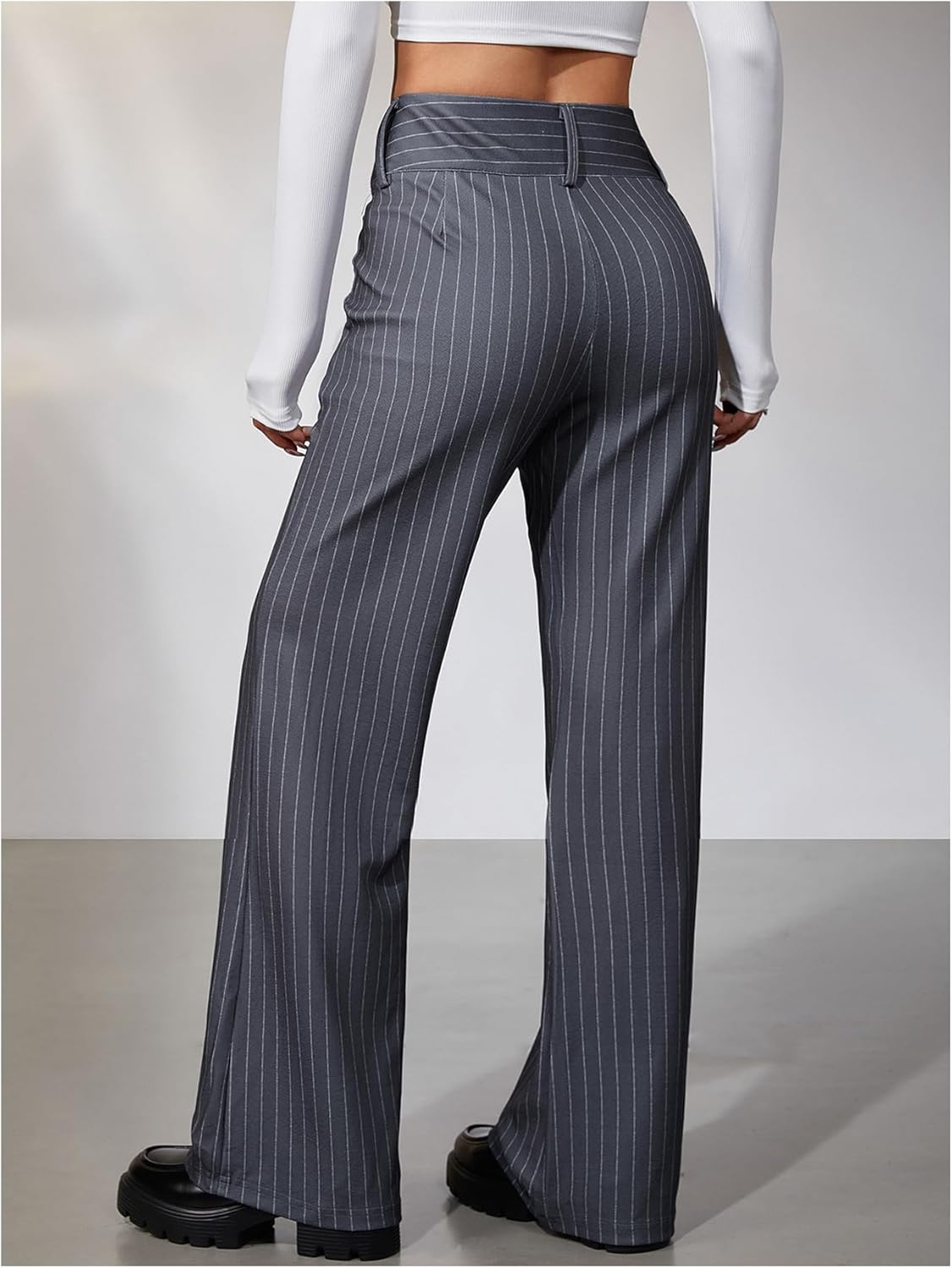 MakeMeChic Women's Pinstripe Pants Straight Leg Work Office Striped Long Trousers - Image 2
