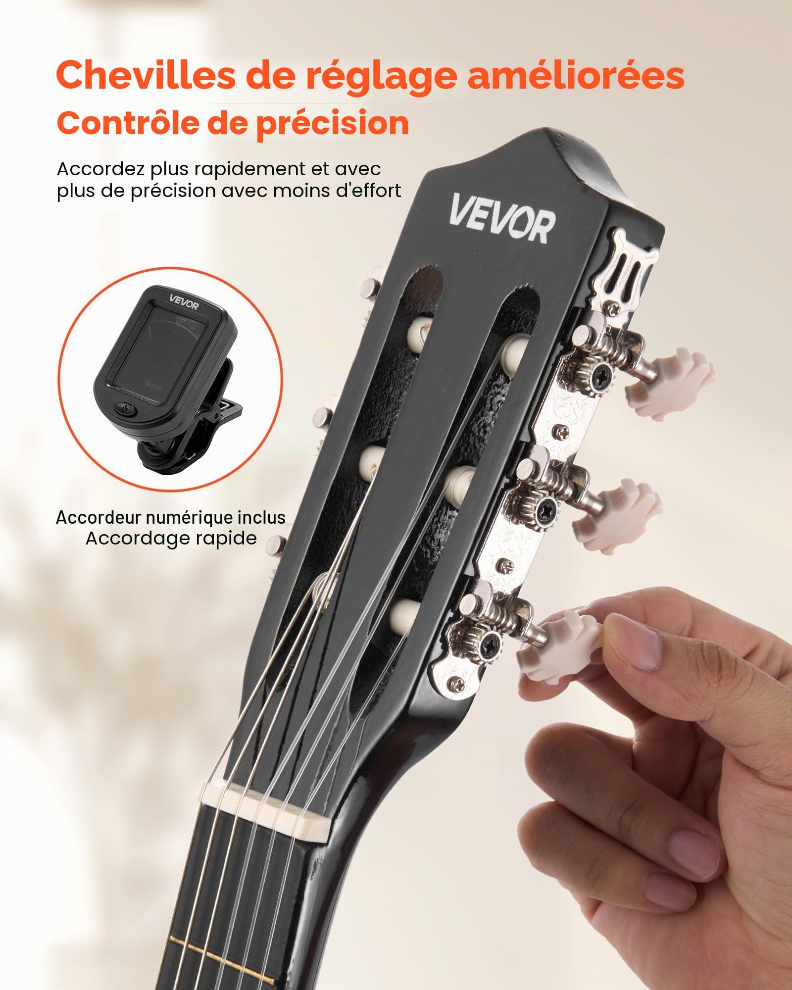 VEVOR Guitare Classique Débutants, 96 cm, avec Cordes Nylon, Housse de Transport, Sangle, Accordeur, Cordes Supplémentaires, Médiators, Capodastre, en Tilleul, pour Adolescent, Adulte, Étudiant, Noir