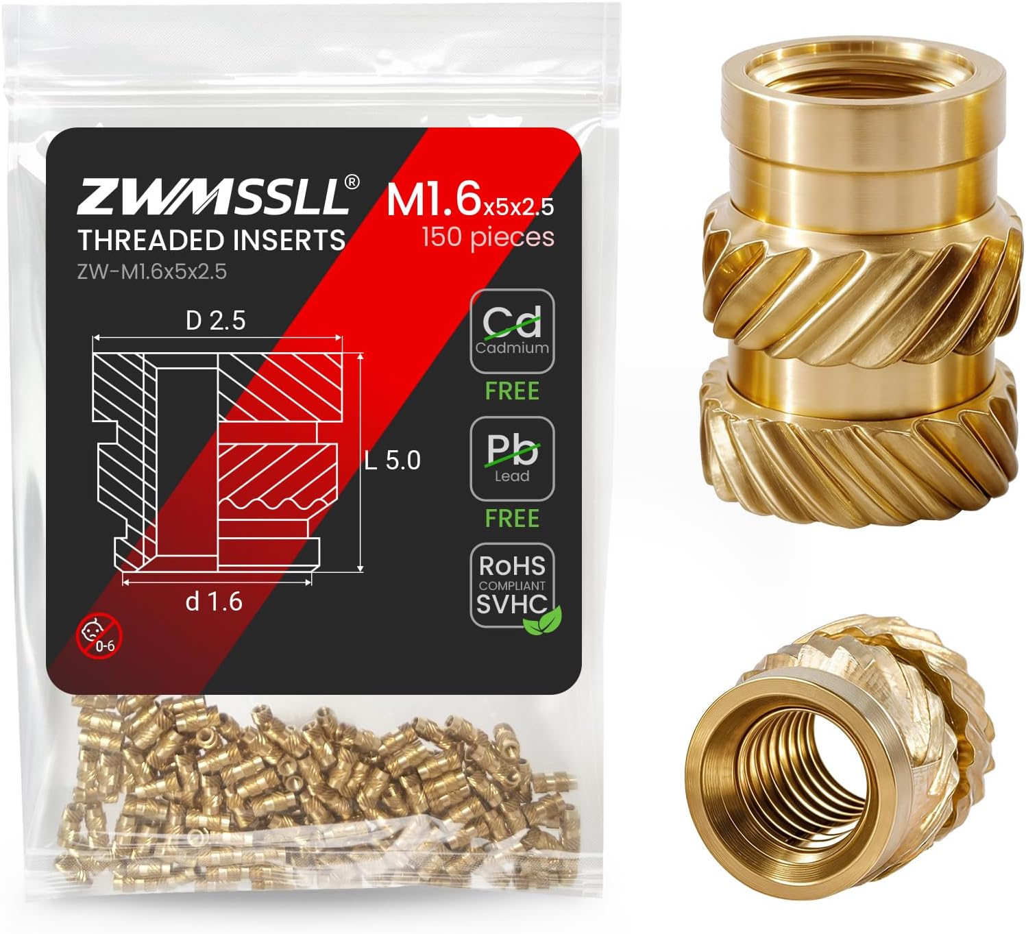 - M1.6 Heat-Set Threaded Inserts, M1.6x5x2.5mm(150Pieces) Heat Set Insert for 3D Printing Components and Plastic Parts,Brass Metric Knurled Nuts