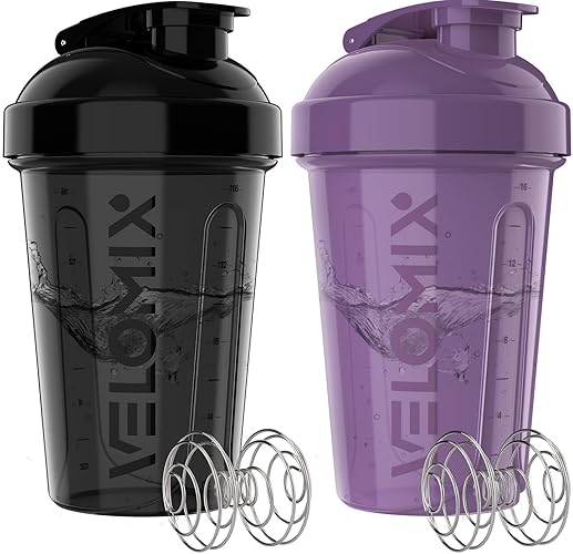 VELOMIX -2 Pack- 20 oz Protein Shaker Bottles for Protein Mixes - 2x Wire Whisk | Leak Proof Shaker Cups for Protein Shakes and Pre Workout | Protein Shaker Bottle Pack (Purple/Black) - A9) Purple / Black