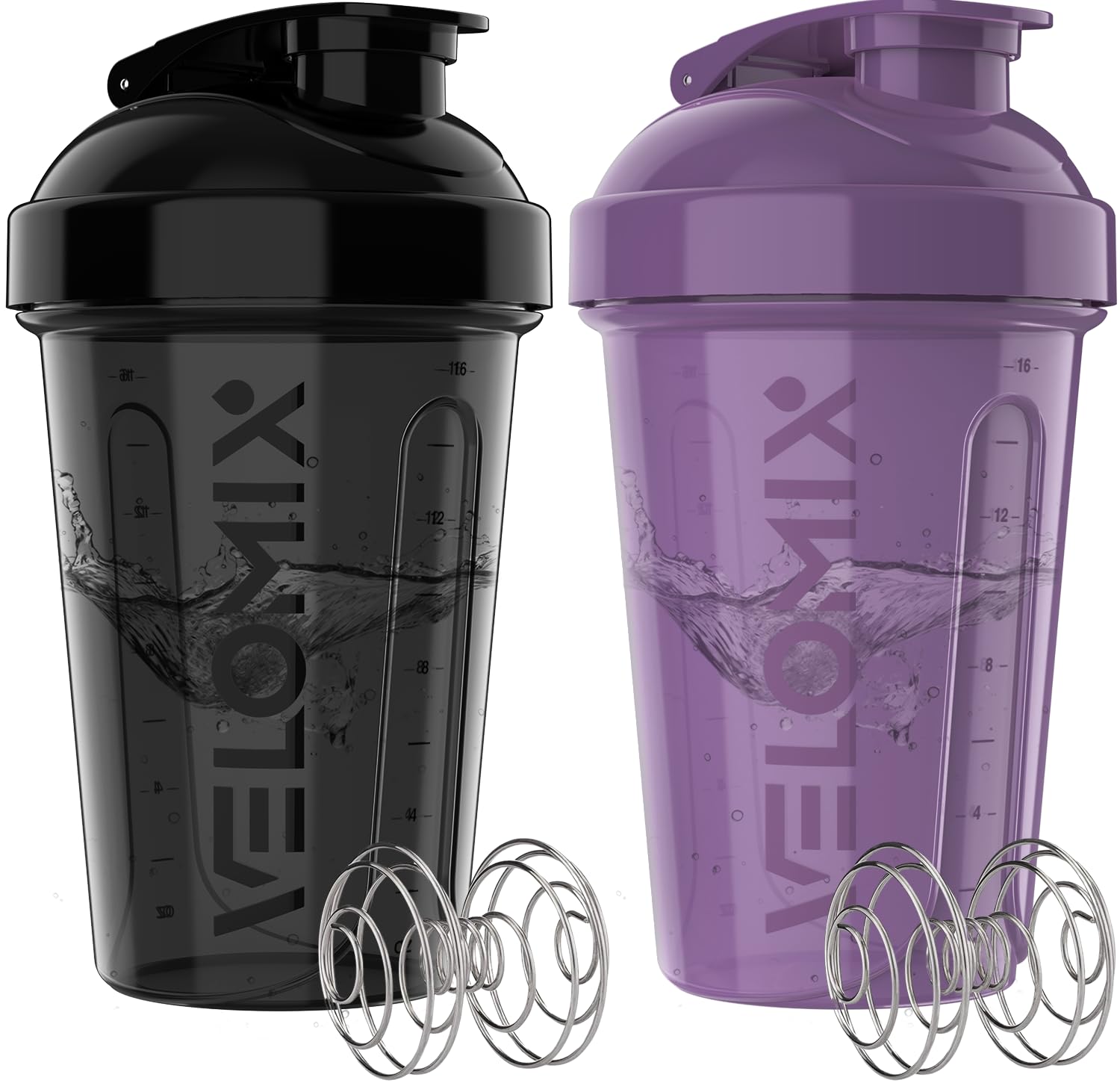 VELOMIX 2 Pack 20oz Protein Shaker Bottle for Protein Mixes, Purple/Black | 2x Wire Whisk, Leak Proof Shaker Cups for Protein Shakes, Stackable, Dishwasher safe, BPA free, Pre Workout and Gym ready