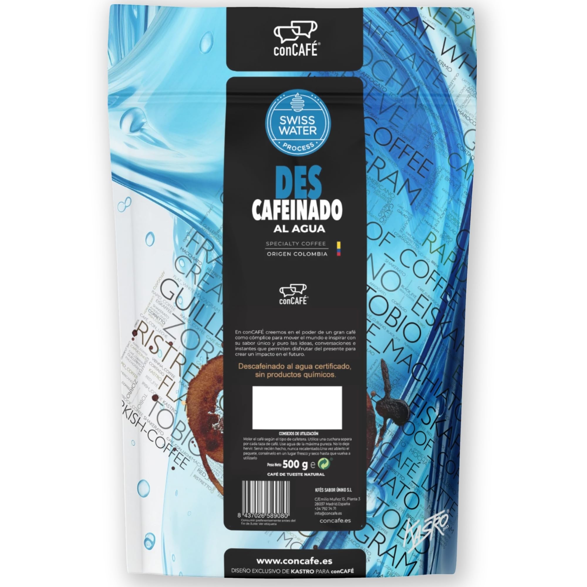 conCAFÉ - Café en grano Descafeinado al agua sin químicos y certificado por Swiss Water | Colombia | 100% Arábica | Specialty Coffee +80 puntos | Tueste Natural y Artesanal | Paquete 500g
