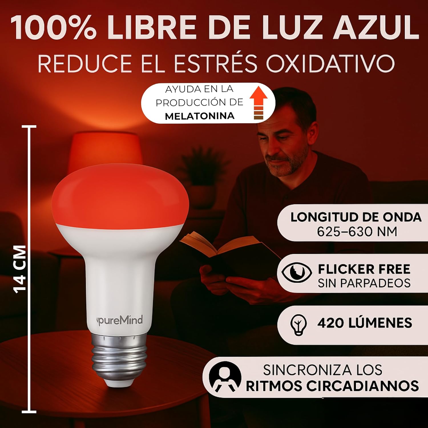 Puremind Melatonina E27 Luz Nocturna Roja Terapia de Luz Luz Roja Tecnología Sin Parpadeo + 0% Azul + Hilo Estándar + Mejora del Ritmo de Descanso