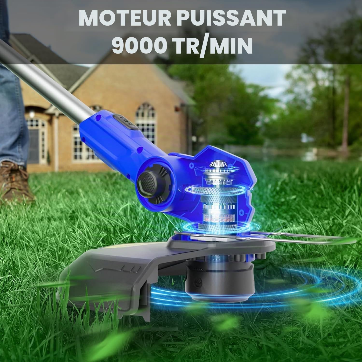 Coupe-Bordure sans Fil avec 2X 2.0Ah Batteries et Chargeur – Débroussailleuse Électrique Ultralégère 1,9kg, Largeur 30cm, 9000RPM, 3 Bobines – Idéal pour Finitions de Pelouse (Bleu Foncé)