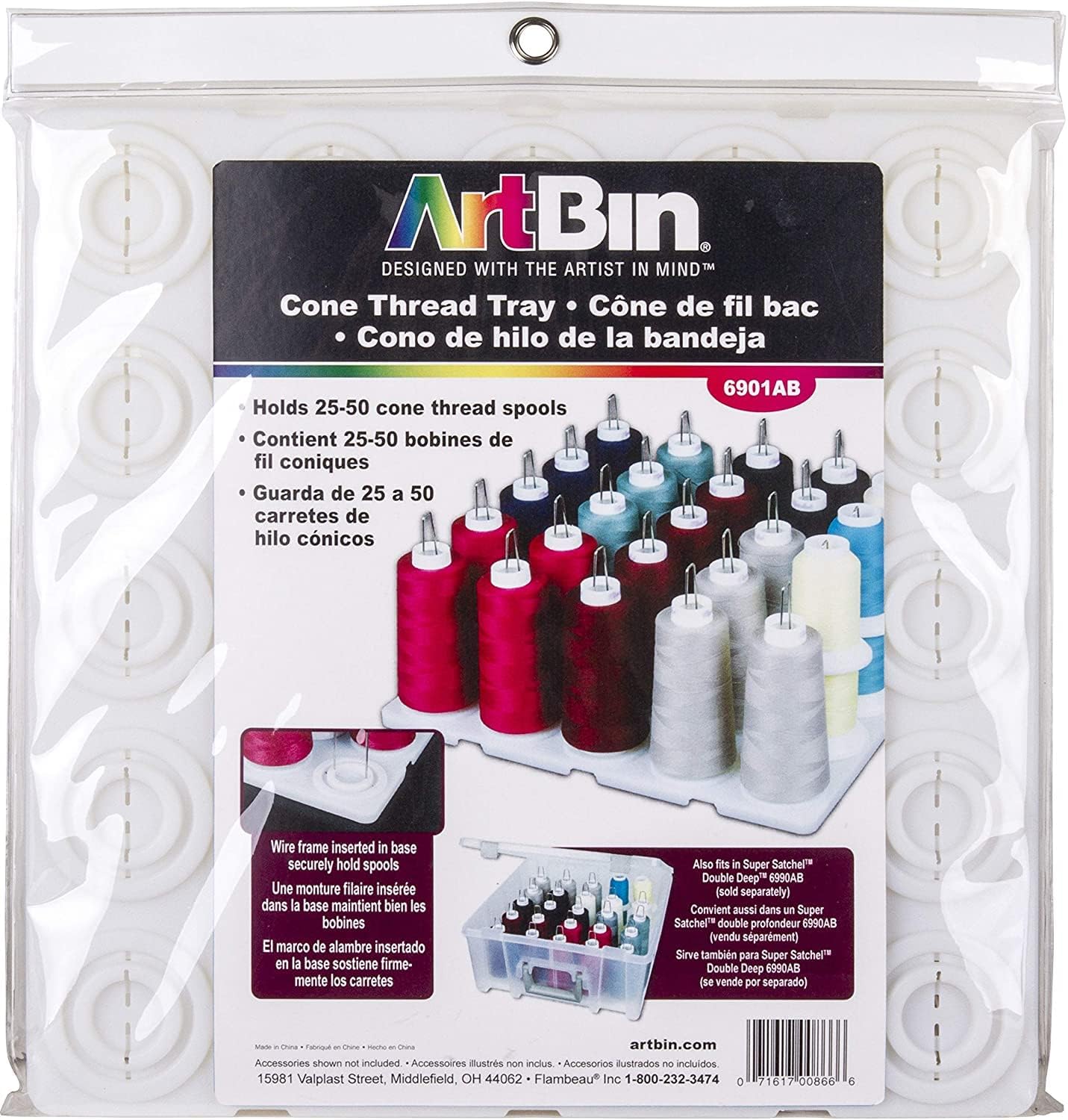 6901AB Cone Thread Tray, Sewing & Embroidery Serger Cone Thread Spool Assortment Organizer, Super Satchel System Accessory, Up To 25 Traditional Spools or Up To 50 Mini Spools, White